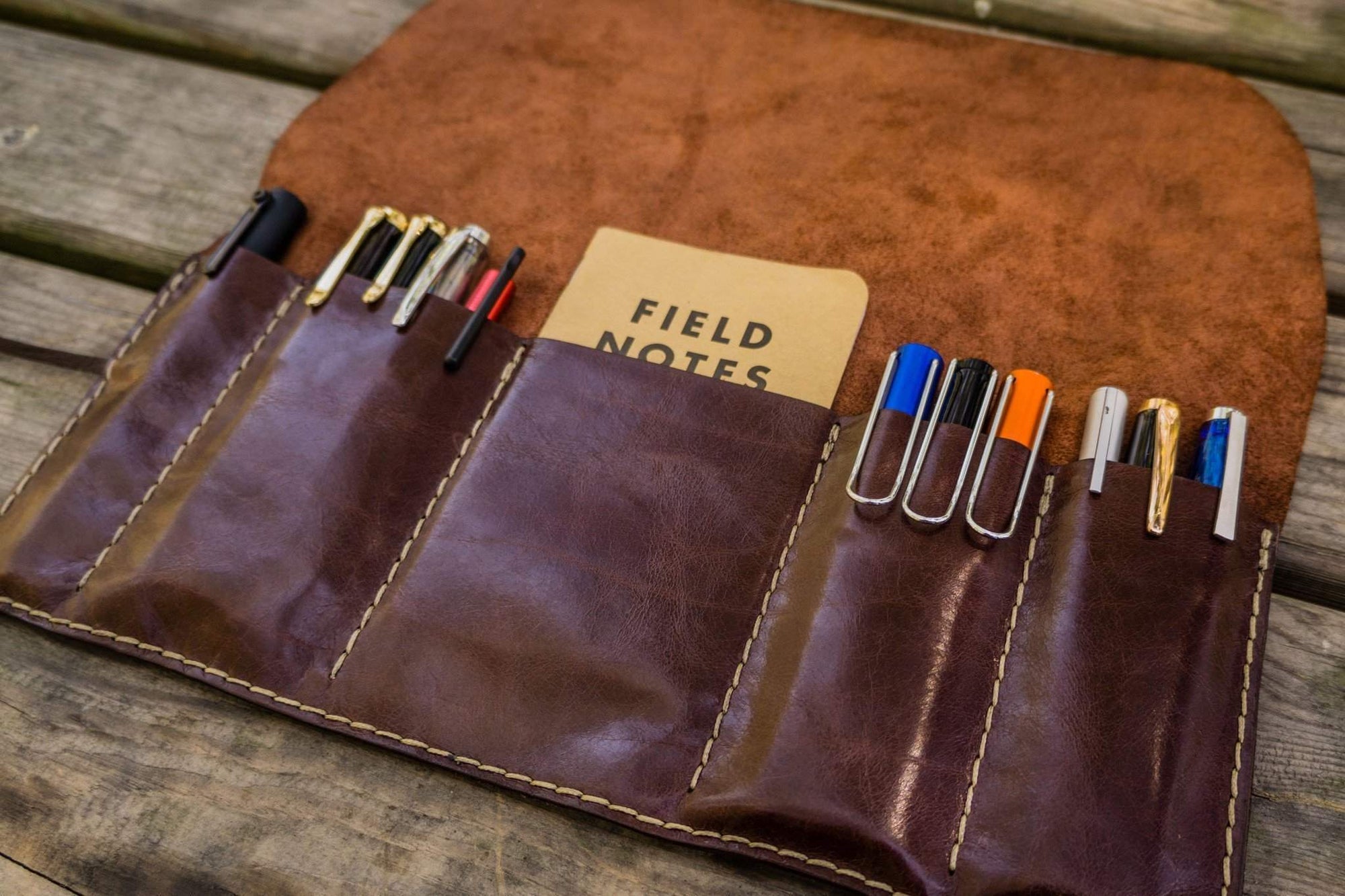 Personalized Leather Pen Roll - Brown