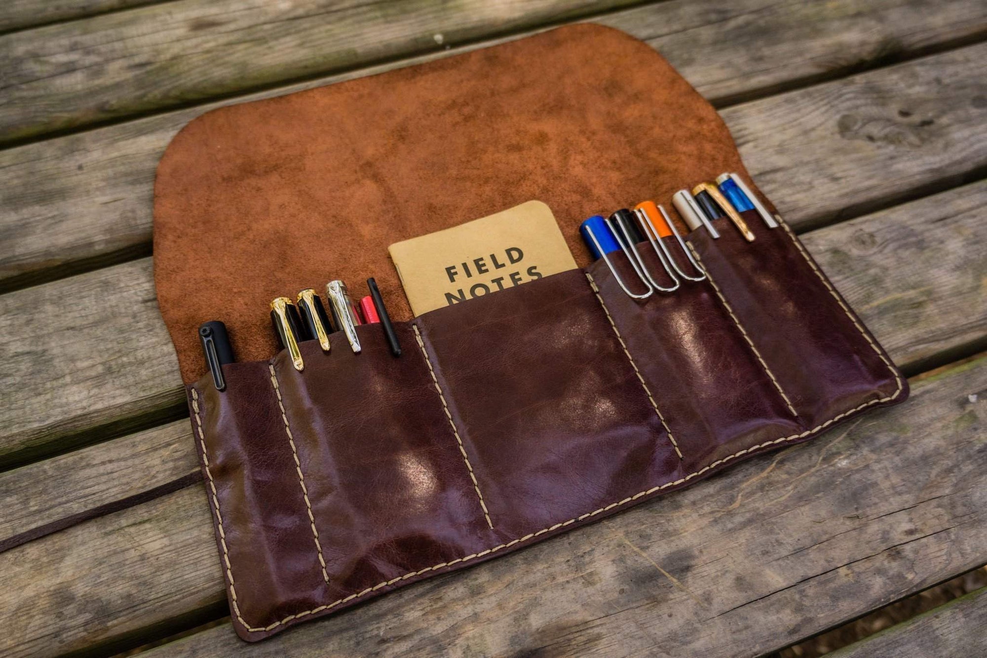Personalized Leather Pen Roll - Brown