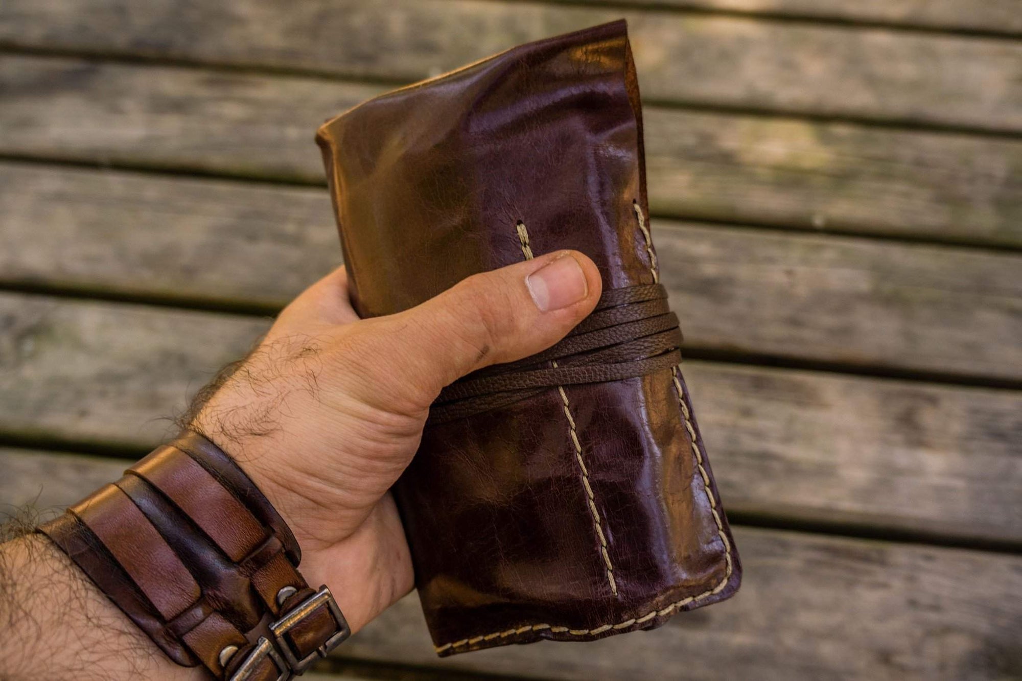 Personalized Leather Pen Roll - Brown