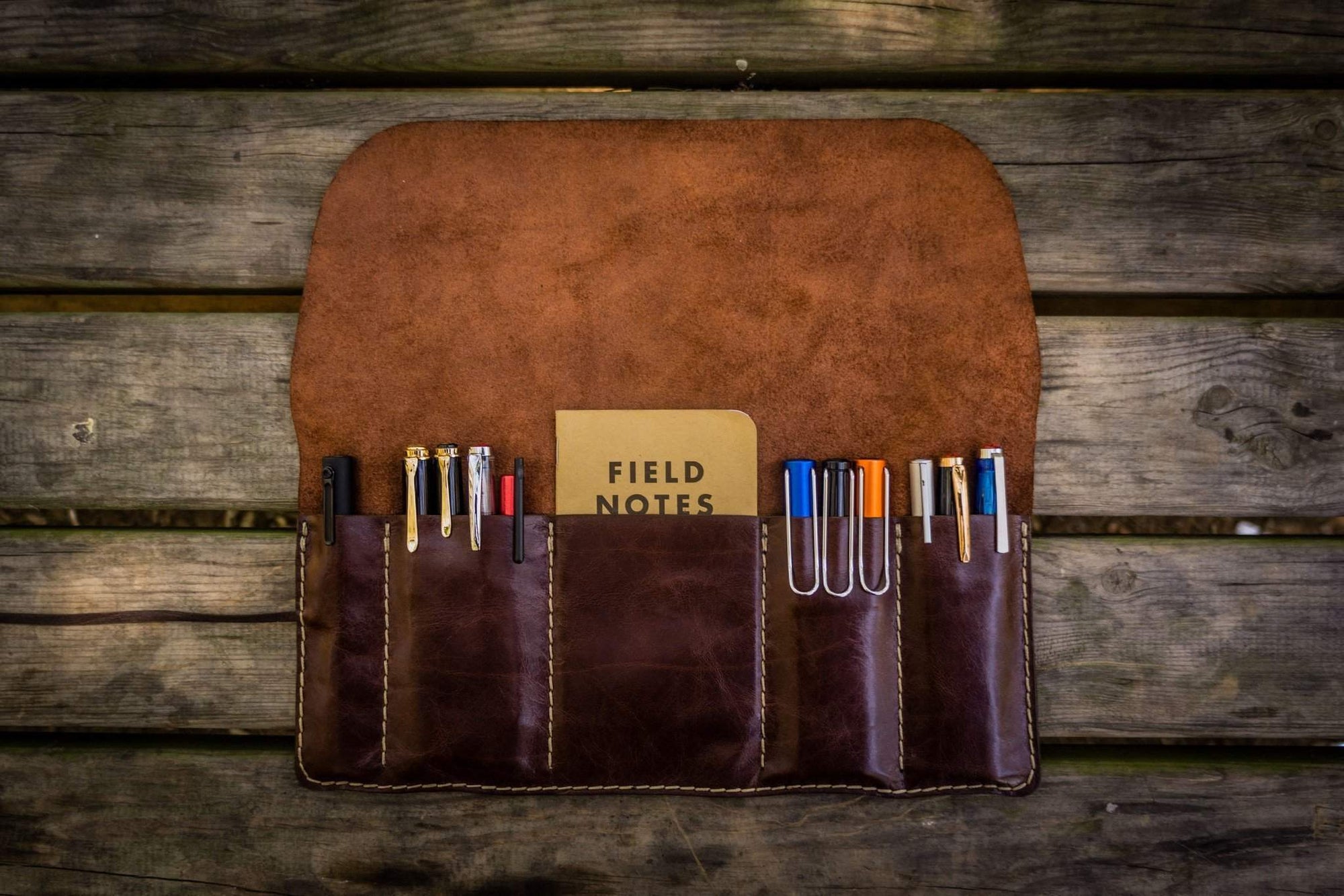 Personalized Leather Pen Roll - Brown
