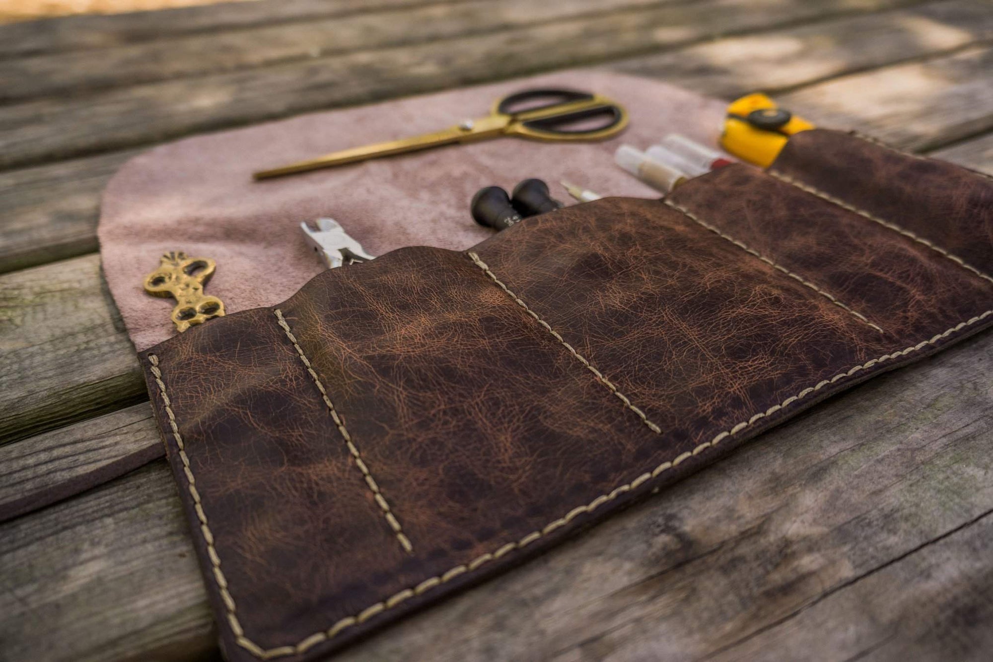 Personalized Leather Pen Roll - Rustic Dark Brown