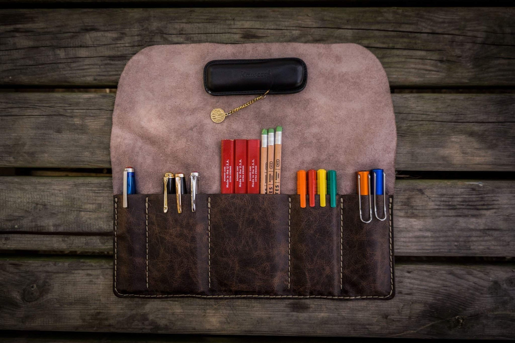 Personalized Leather Pen Roll - Rustic Dark Brown