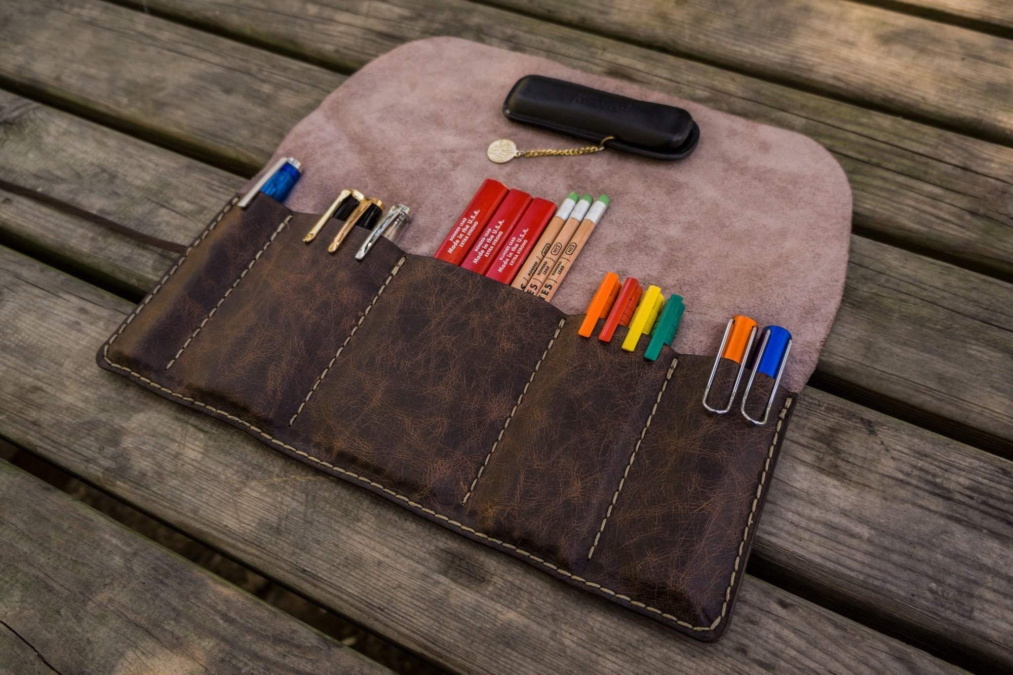 Personalized Leather Pen Roll - Rustic Dark Brown