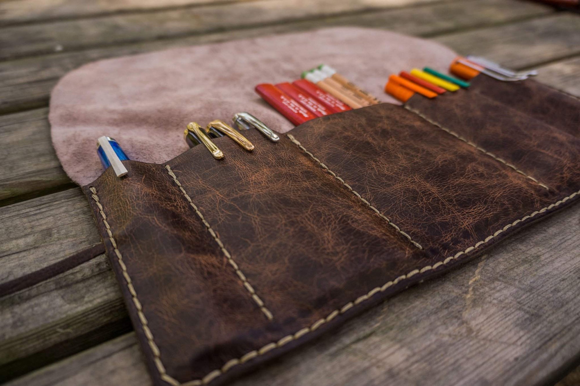 Personalized Leather Pen Roll - Rustic Dark Brown