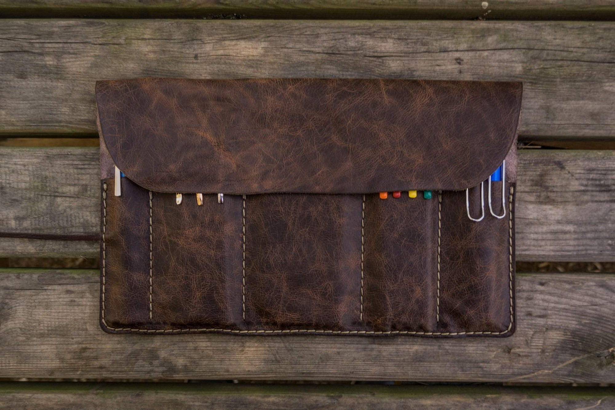 Personalized Leather Pen Roll - Rustic Dark Brown