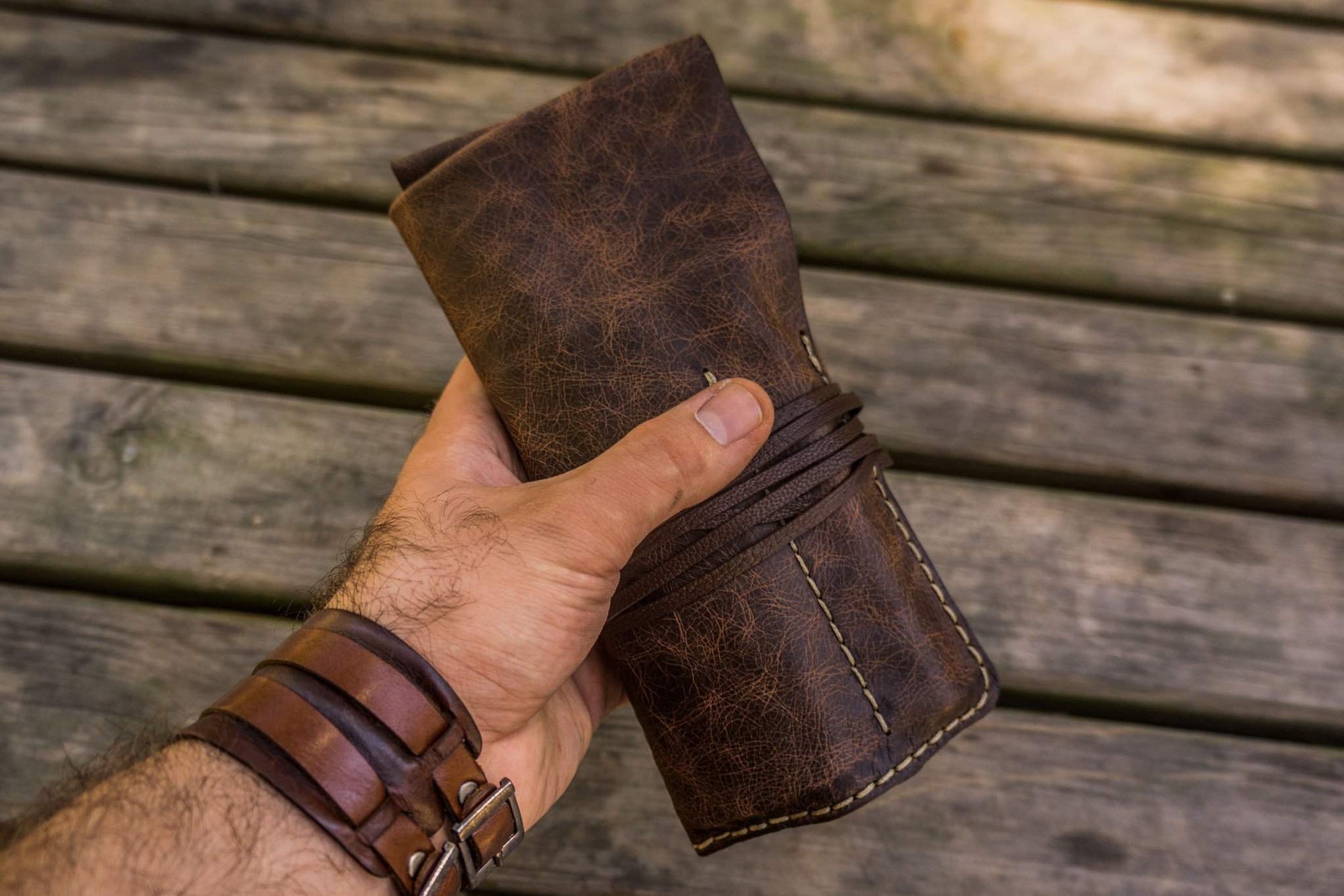 Personalized Leather Pen Roll - Rustic Dark Brown