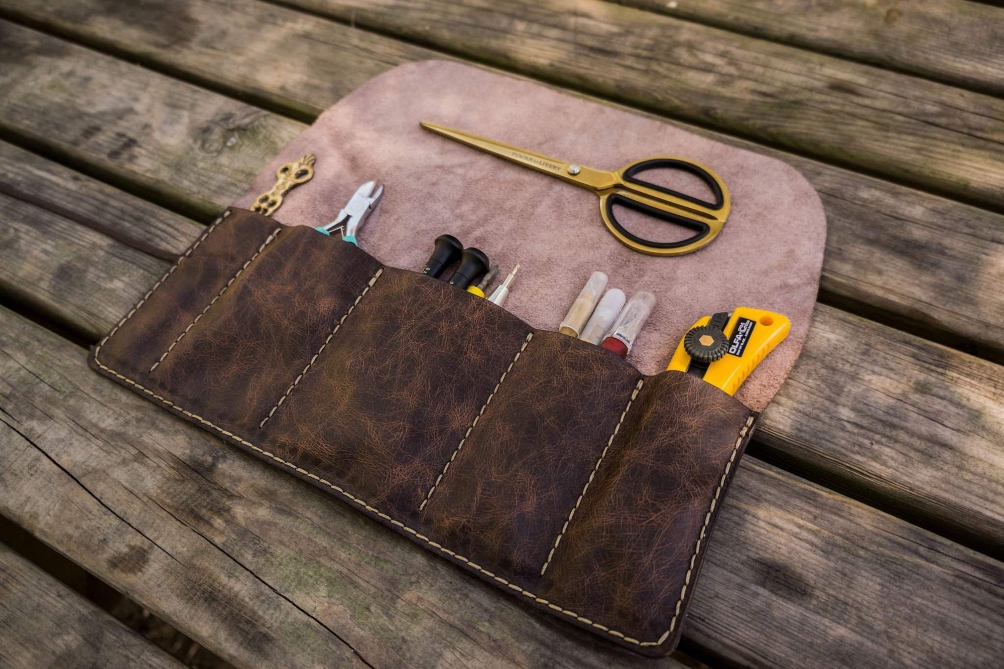 Personalized Leather Pen Roll - Rustic Dark Brown