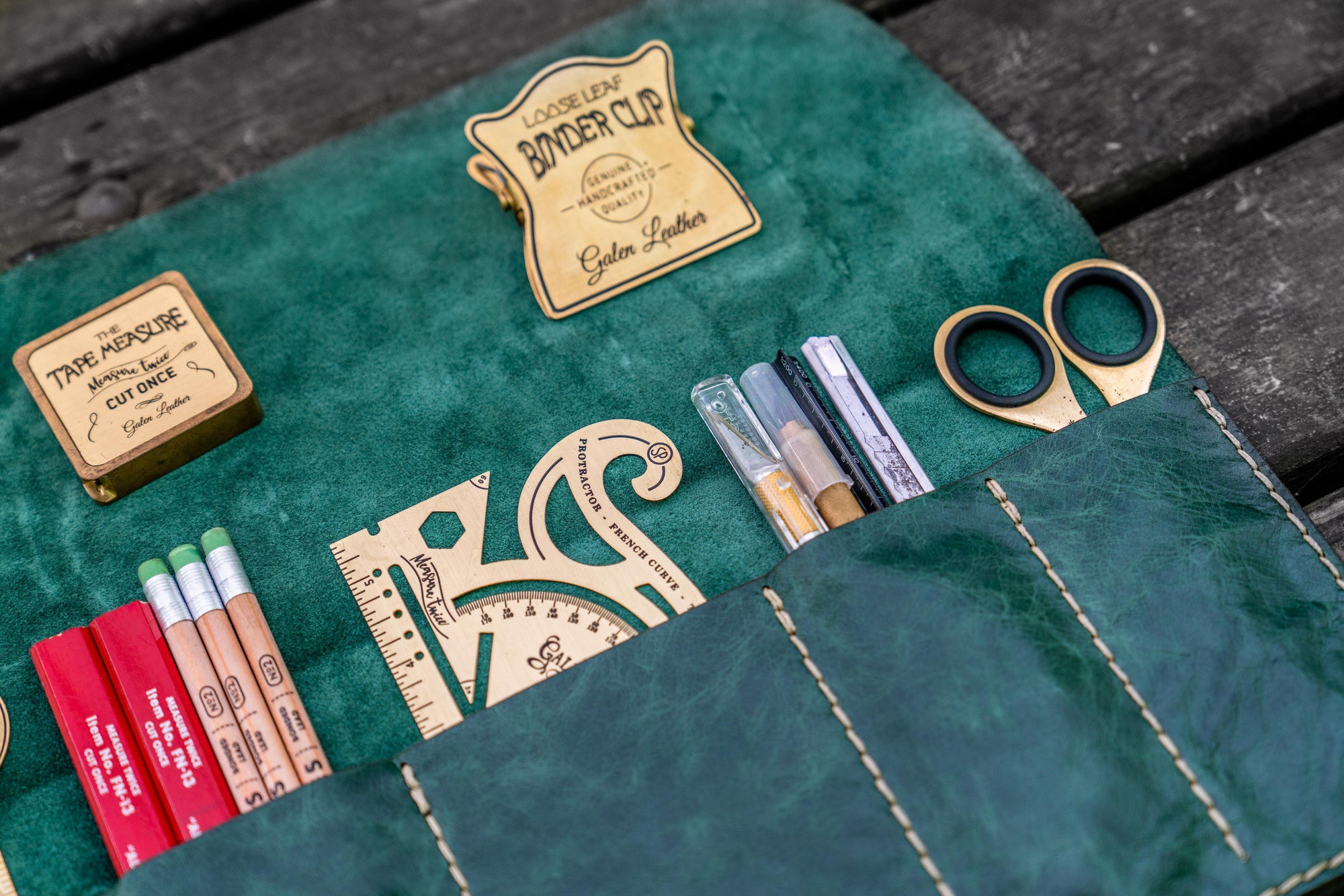 Personalized Leather Pen Roll - Rustic Green-Galen Leather