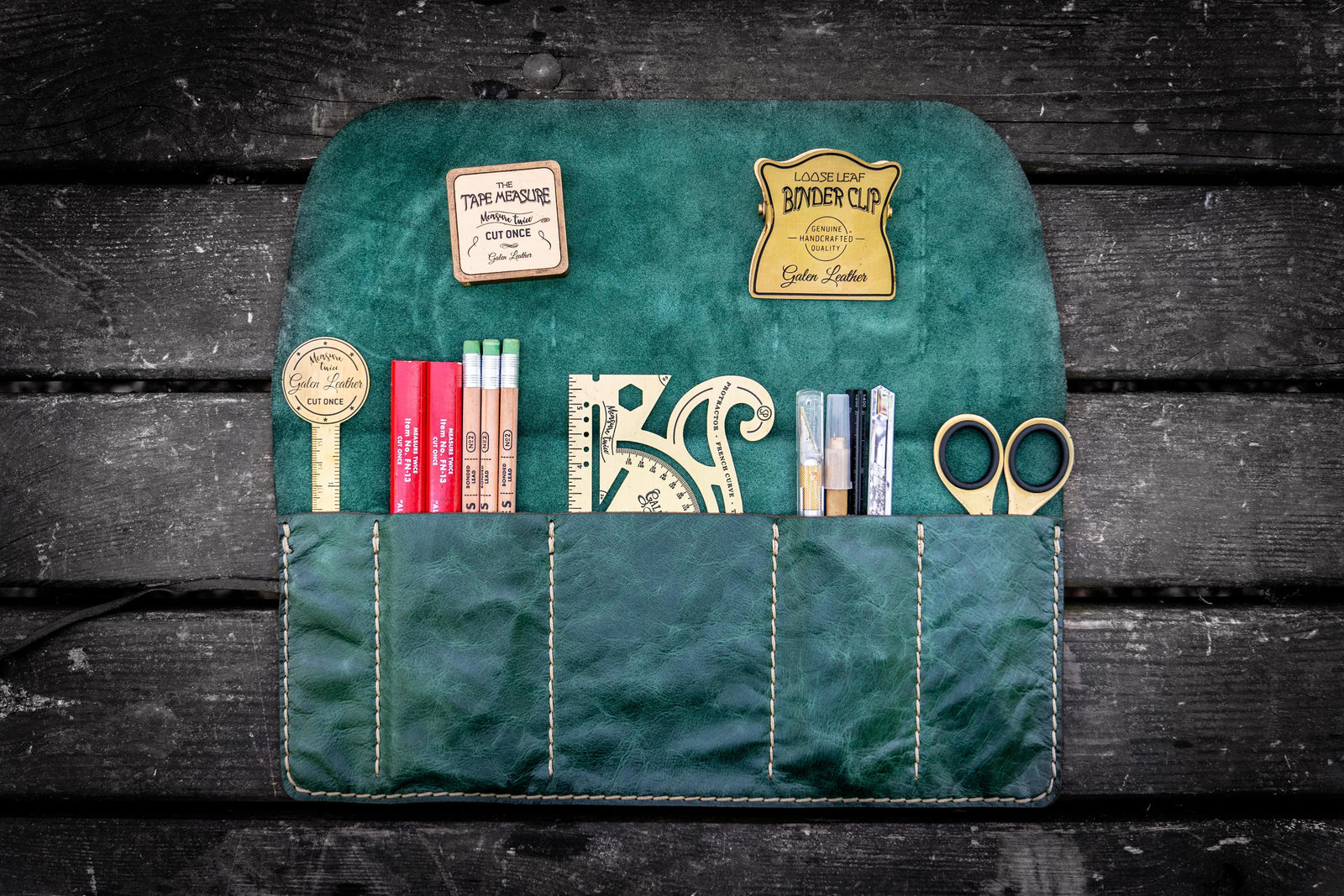 Personalized Leather Pen Roll - Rustic Green-Galen Leather