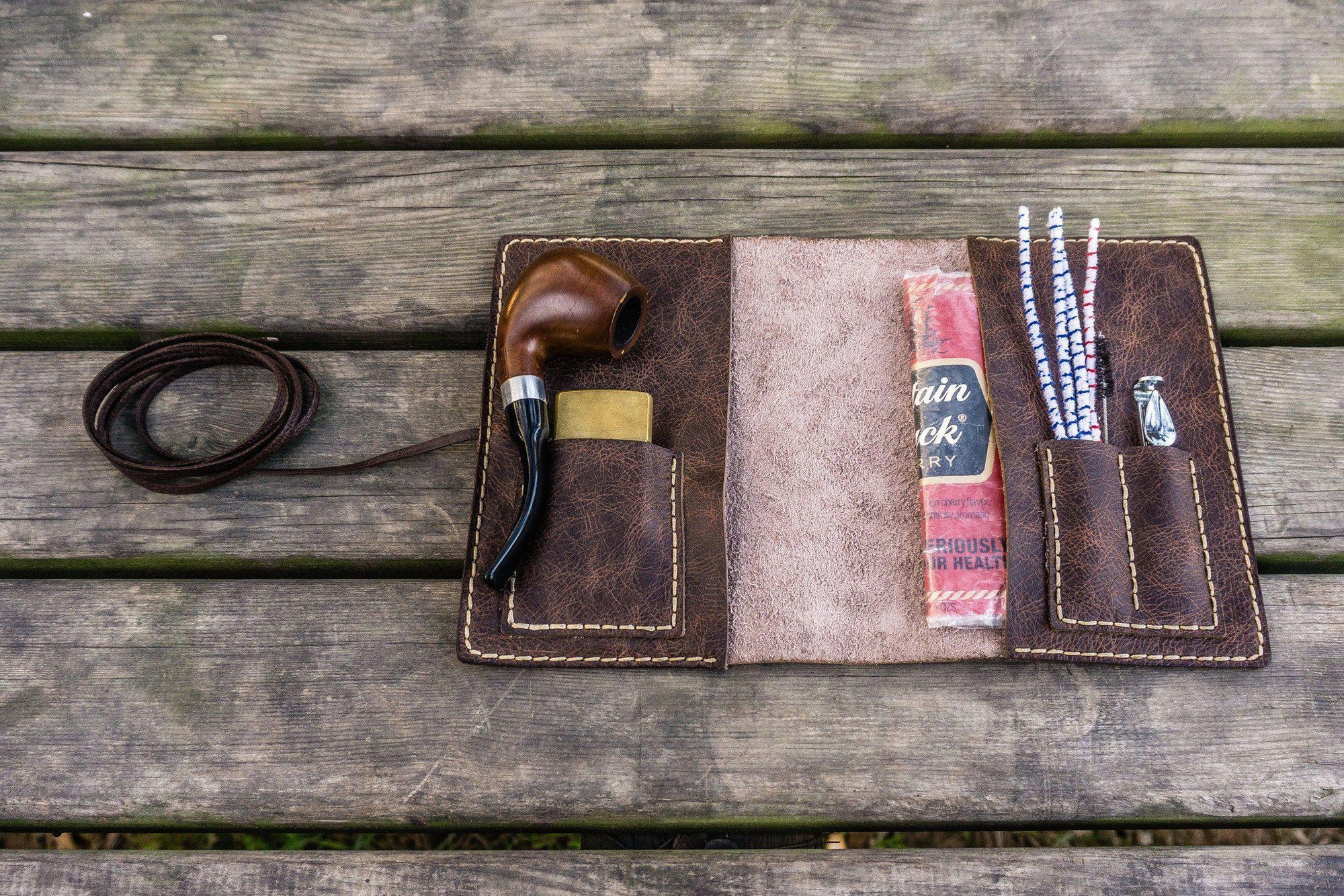 Personalized Leather Pipe Pouch/Pipe Roll - Rustic Dark Brown