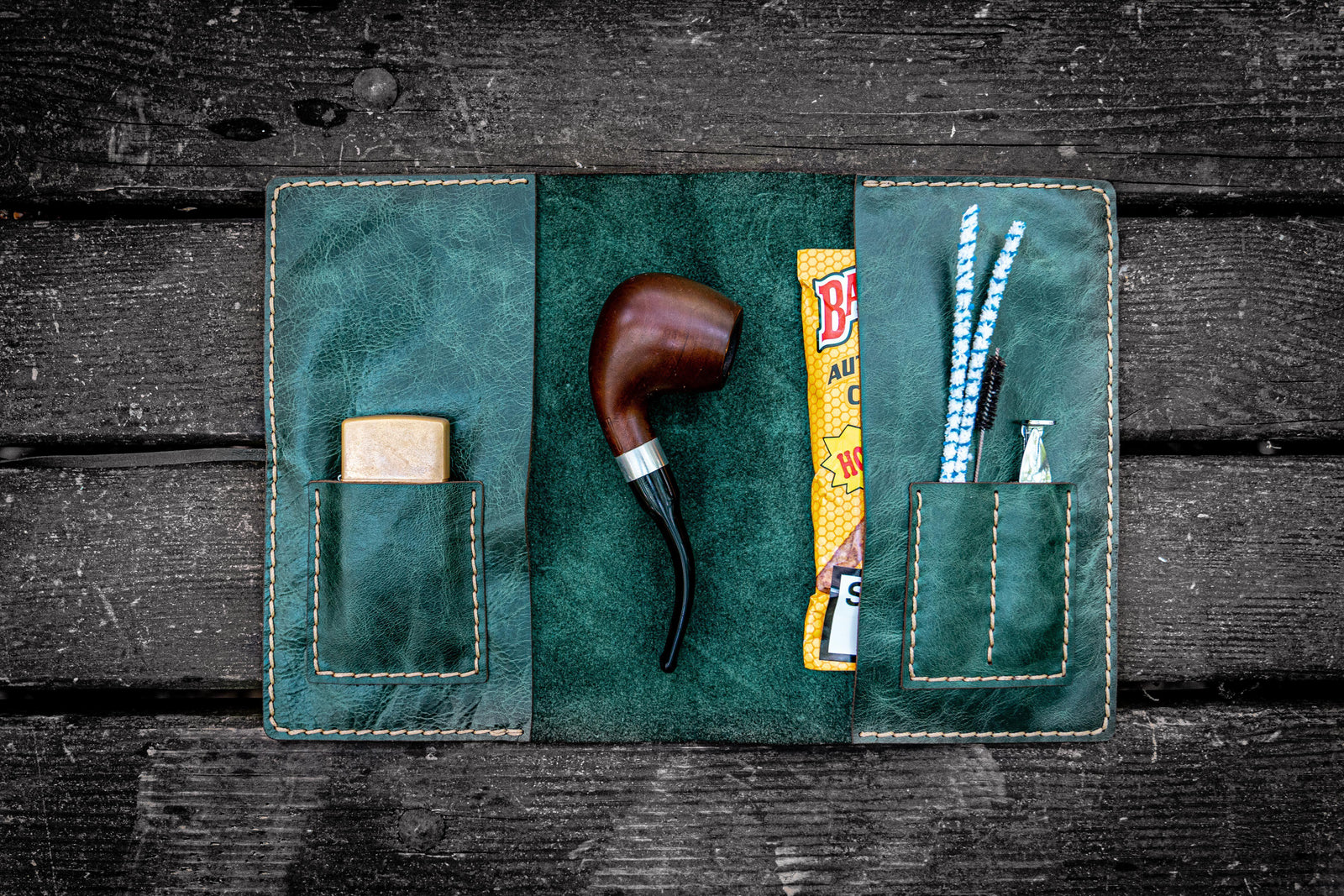 Personalized Leather Pipe Pouch/Pipe Roll - Rustic Green-Galen Leather