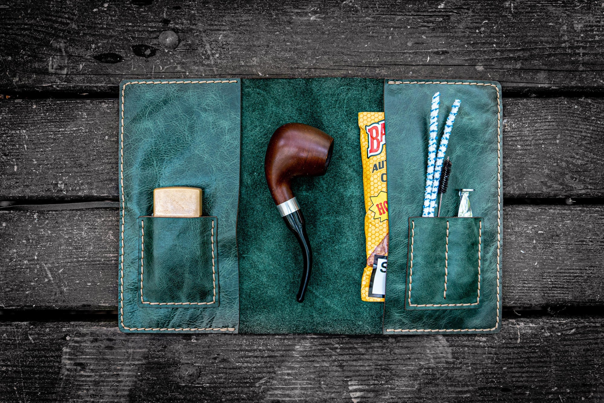 Personalized Leather Pipe Pouch/Pipe Roll - Rustic Green-Galen Leather