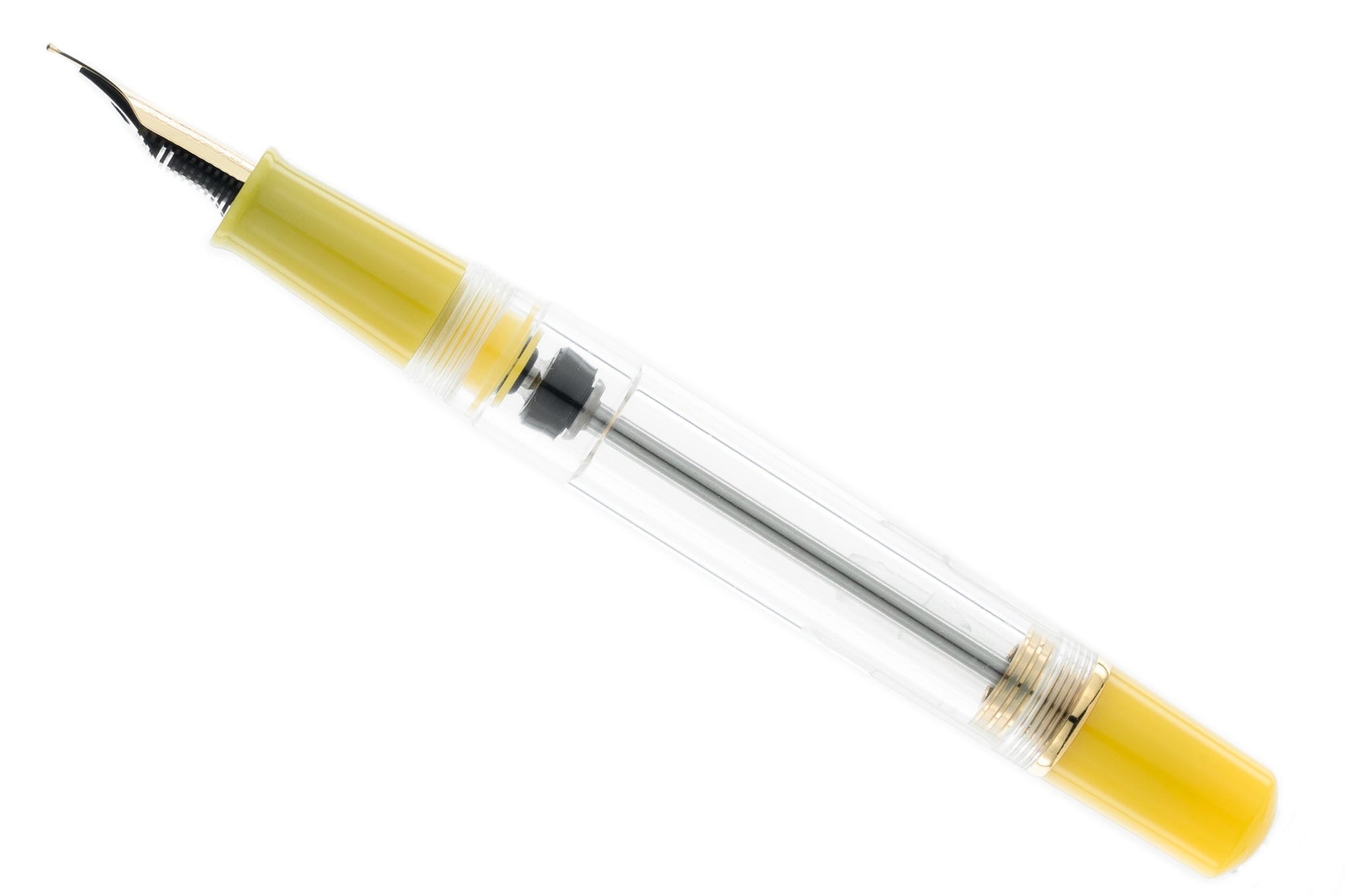 Transparent pen with yellow accents on a white background