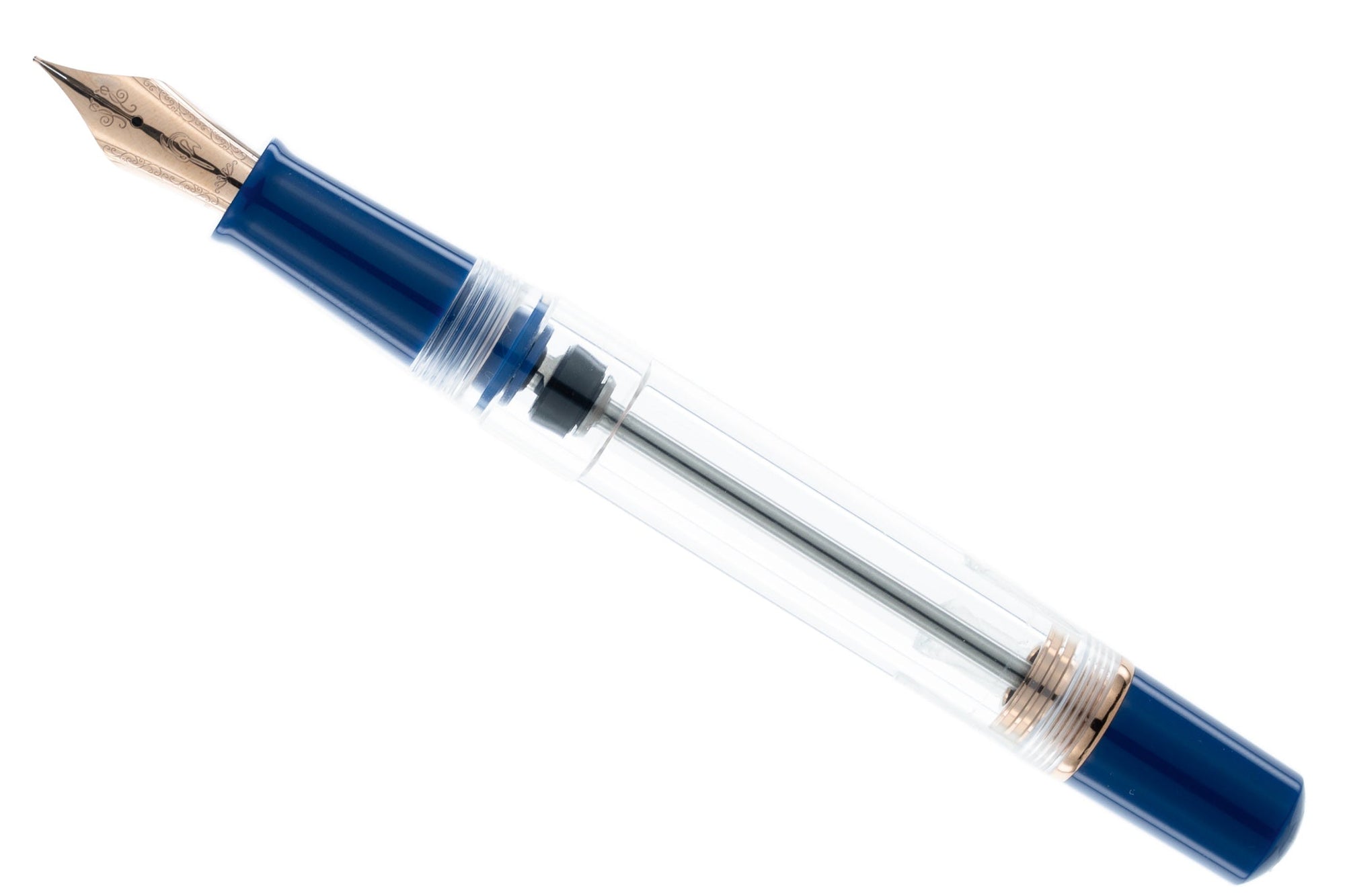 Fountain pen nib with blue ink cartridge on a white background
