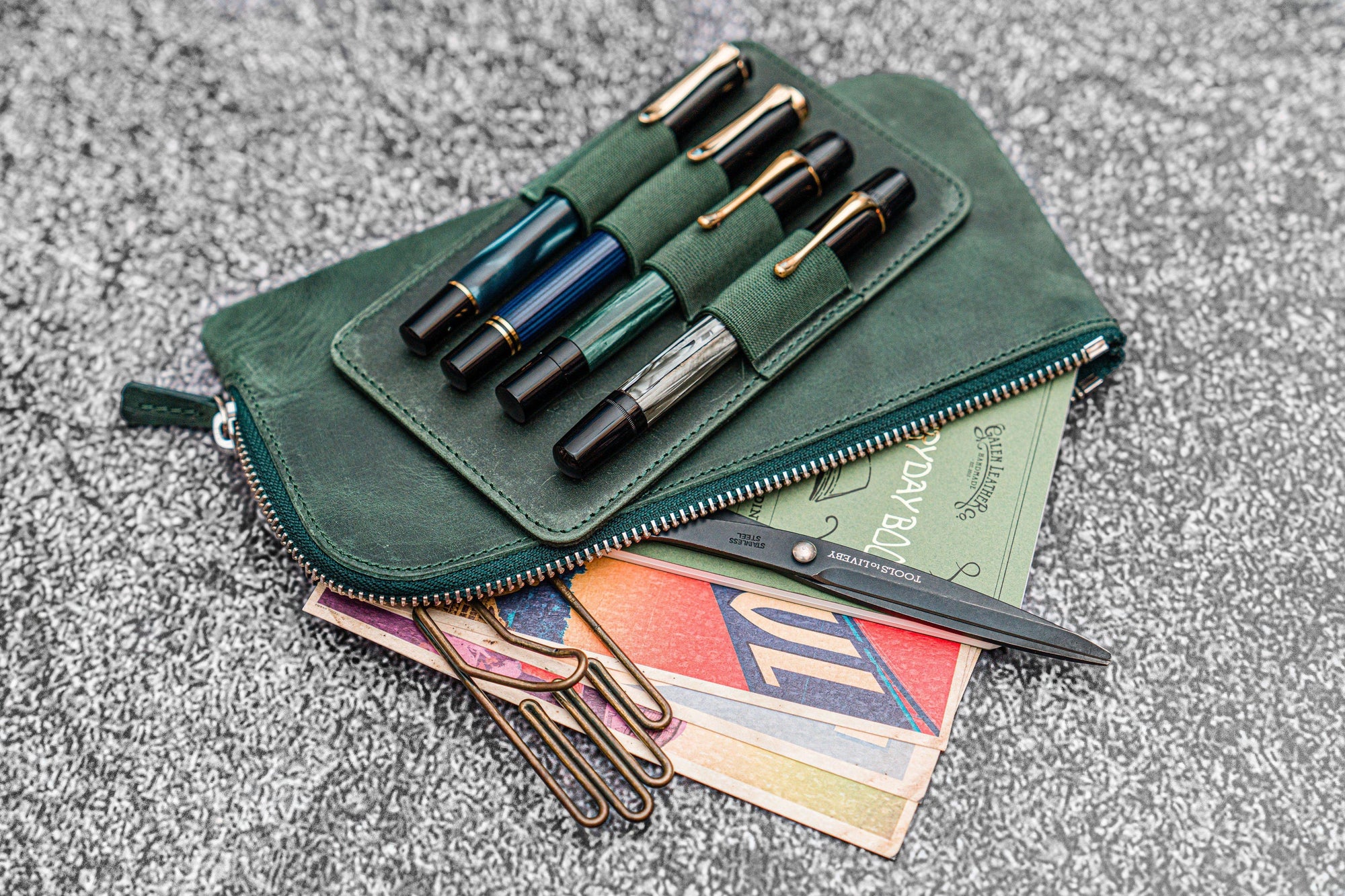Leather Slip-N-Zip 4 Slots Zippered Pen Pouch - C.H. Forest Green