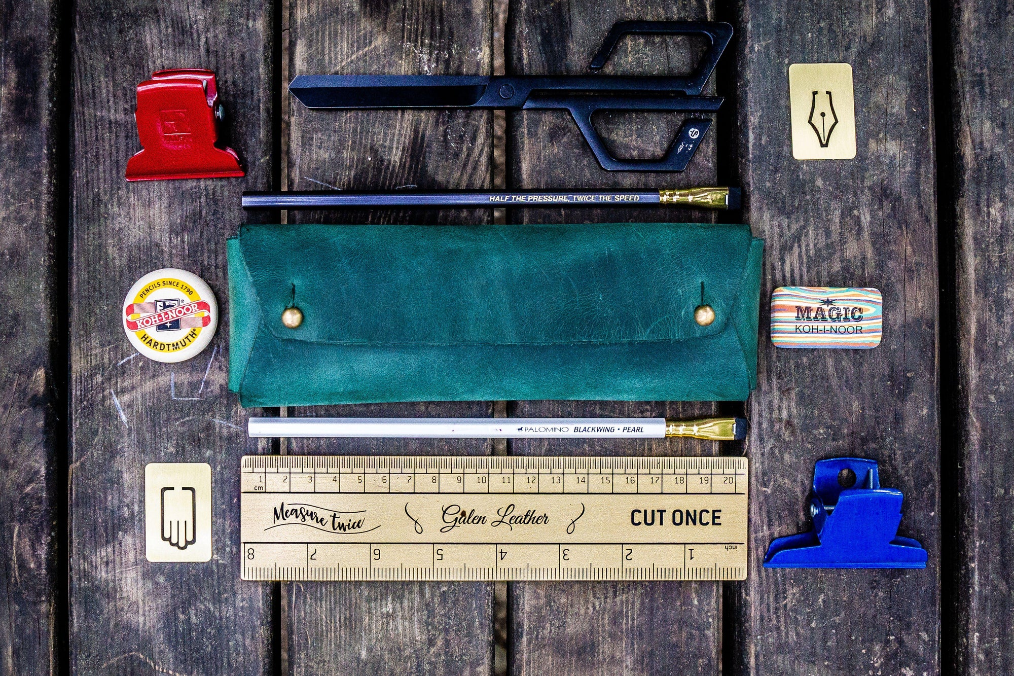 The Student Leather Pencil Case - Crazy Horse Forest Green-Galen Leather