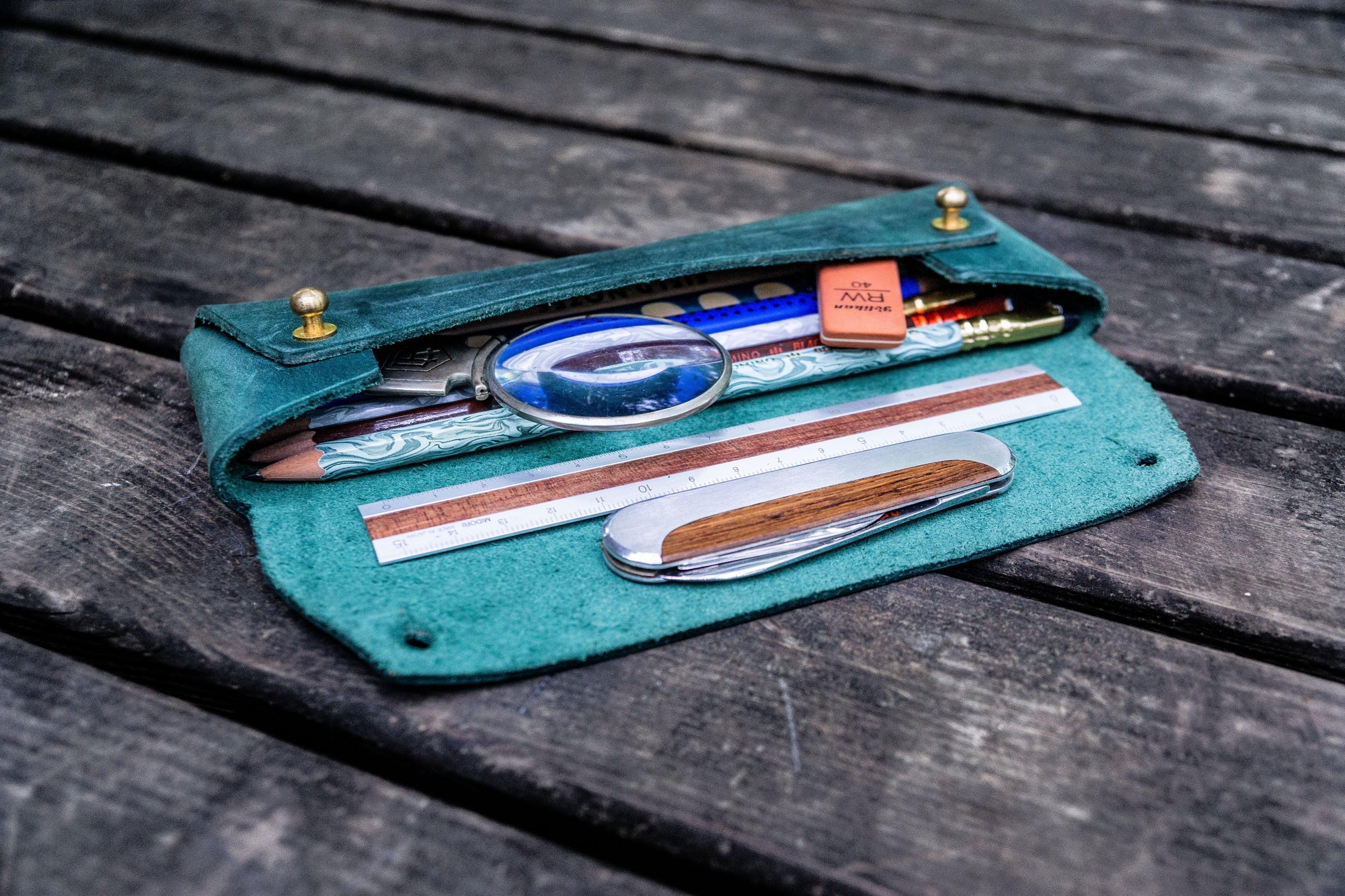The Student Leather Pencil Case - Crazy Horse Forest Green-Galen Leather