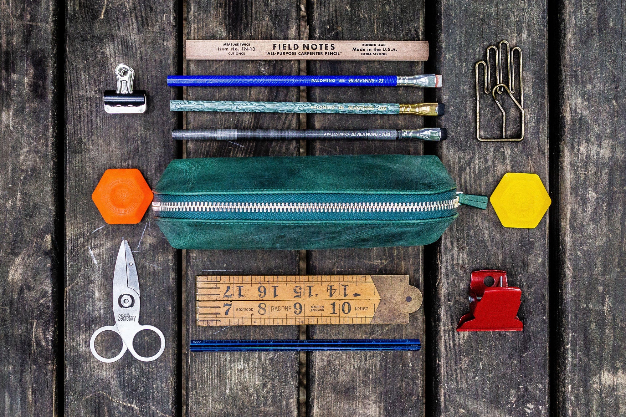 XLarge Zipper Leather Pencil Case - Crazy Horse Forest Green-Galen Leather