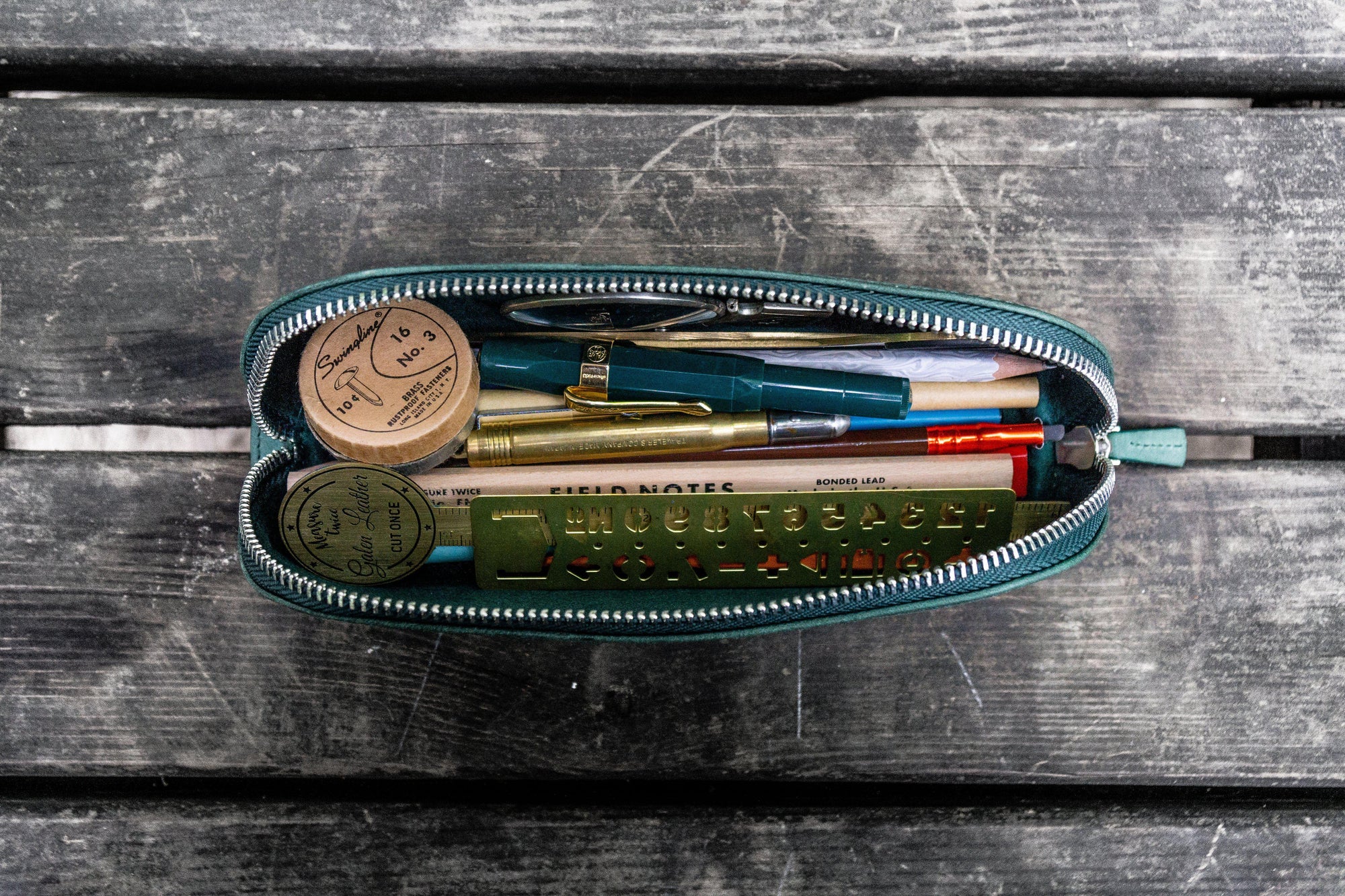 XLarge Zipper Leather Pencil Case - Crazy Horse Forest Green-Galen Leather