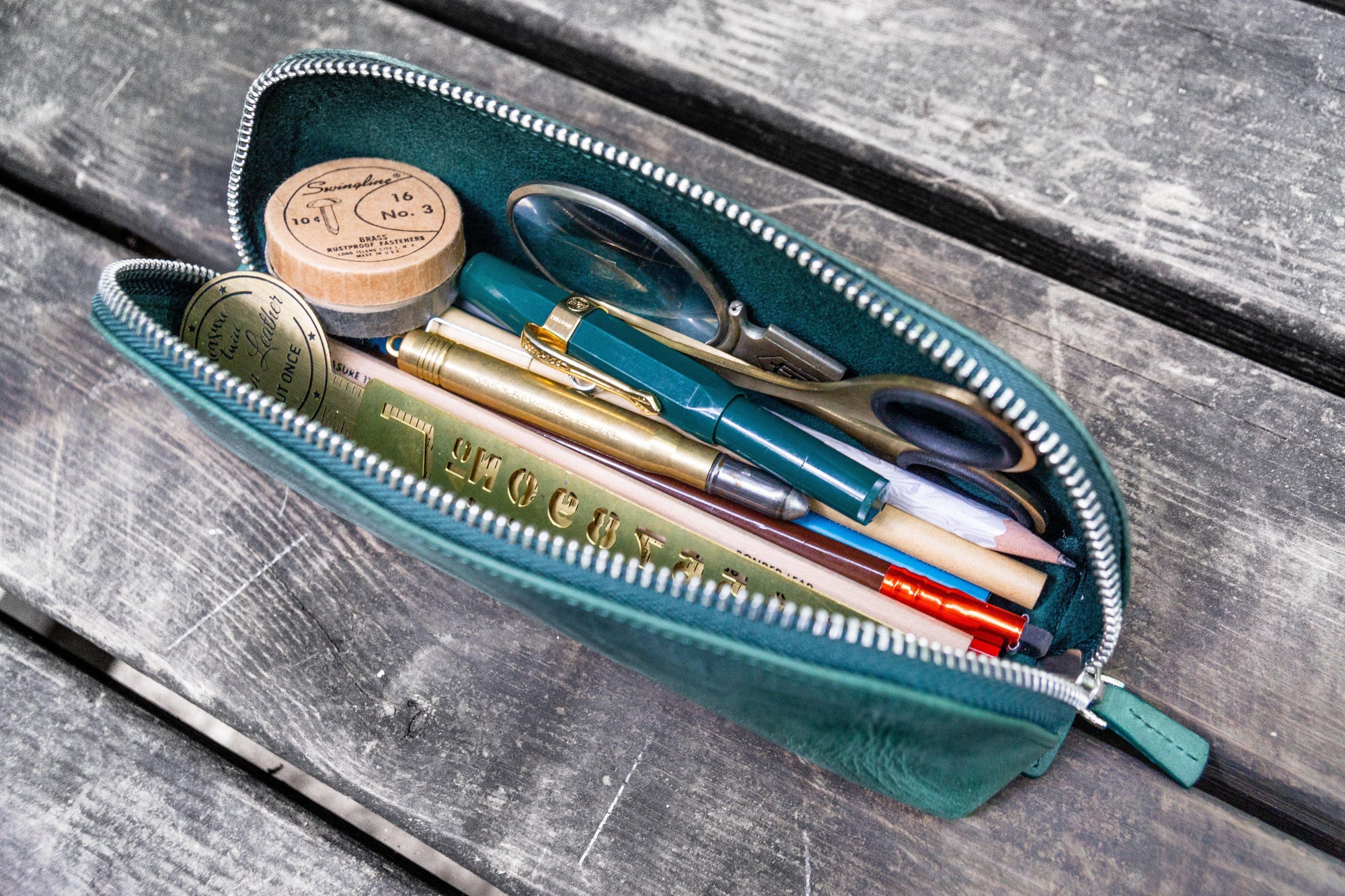 XLarge Zipper Leather Pencil Case - Crazy Horse Forest Green-Galen Leather