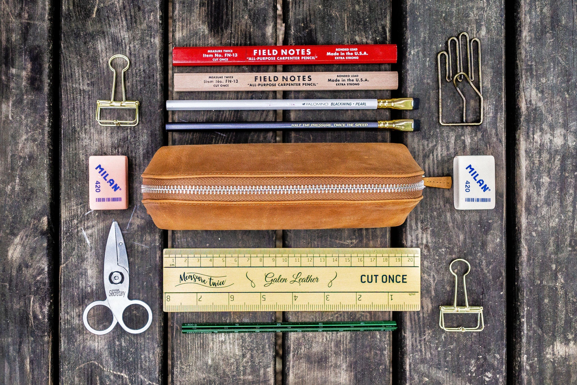 XLarge Zipper Leather Pencil Case - Crazy Horse Tan-Galen Leather