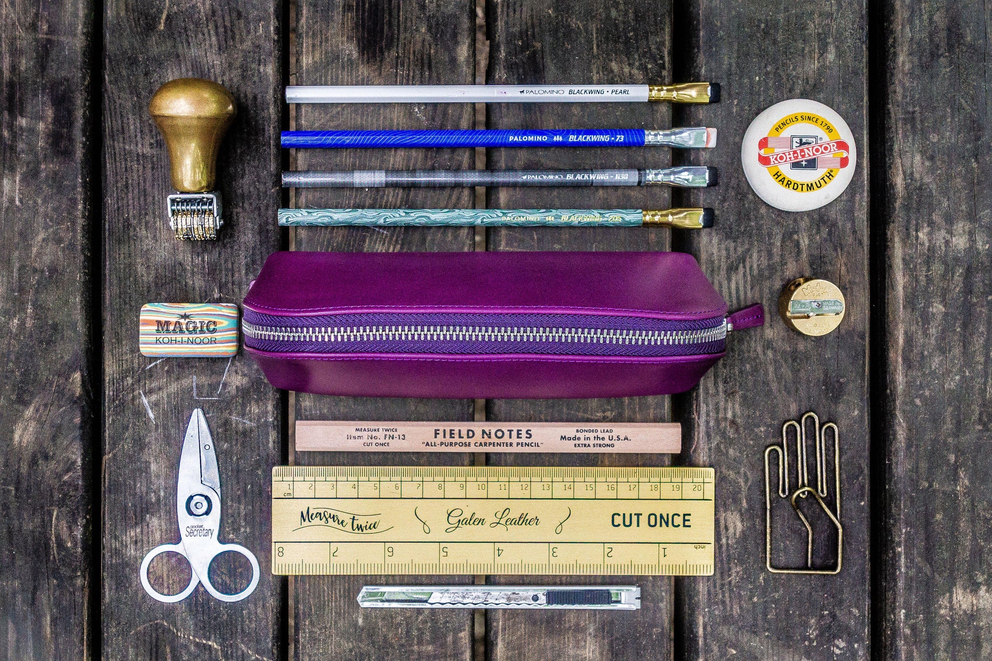 XLarge Zipper Leather Pencil Case - Purple-Galen Leather