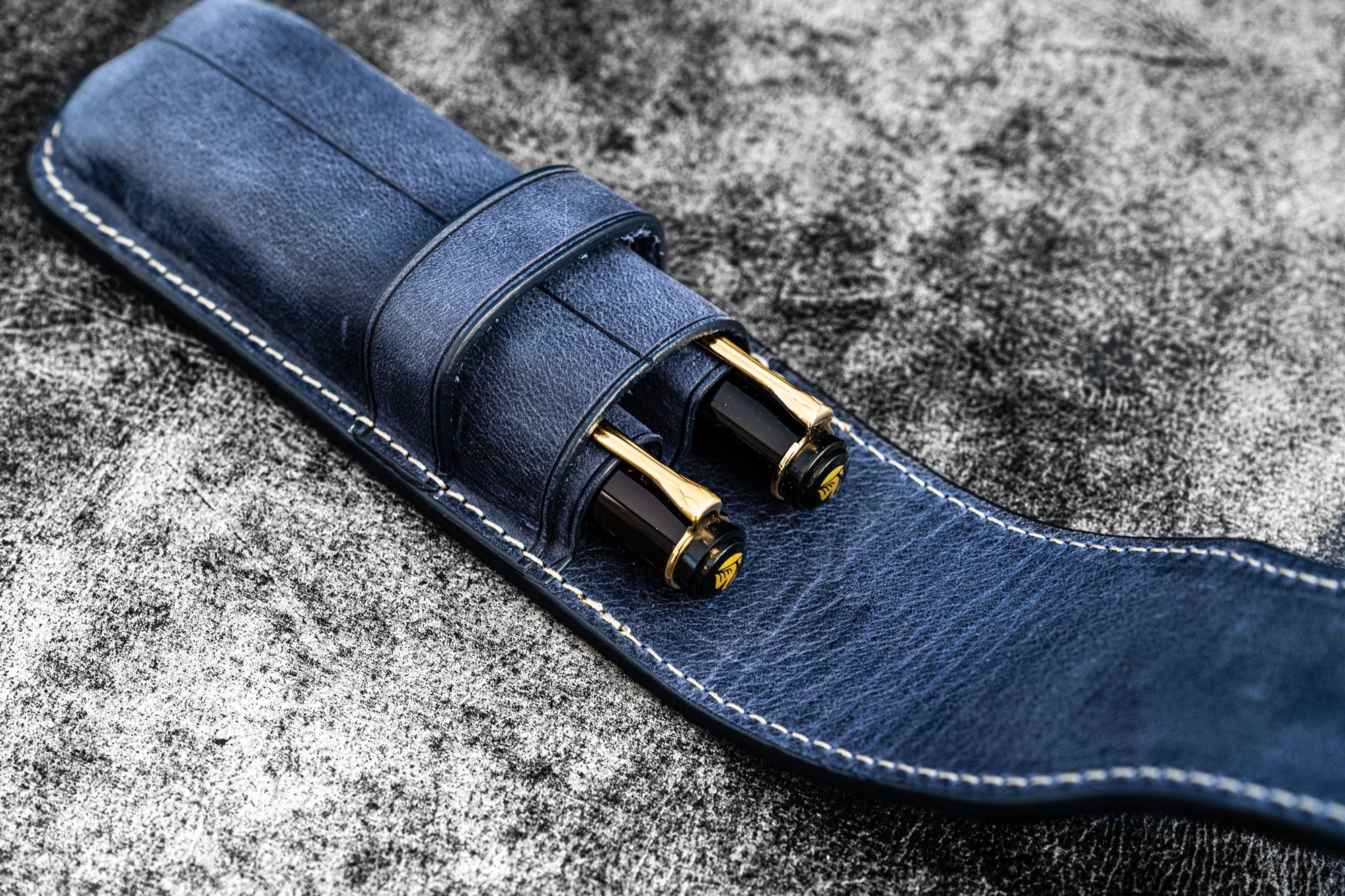 2&#39;li Kapaklı Deri Kalemlik - Crazy Horse Koyu Mavi