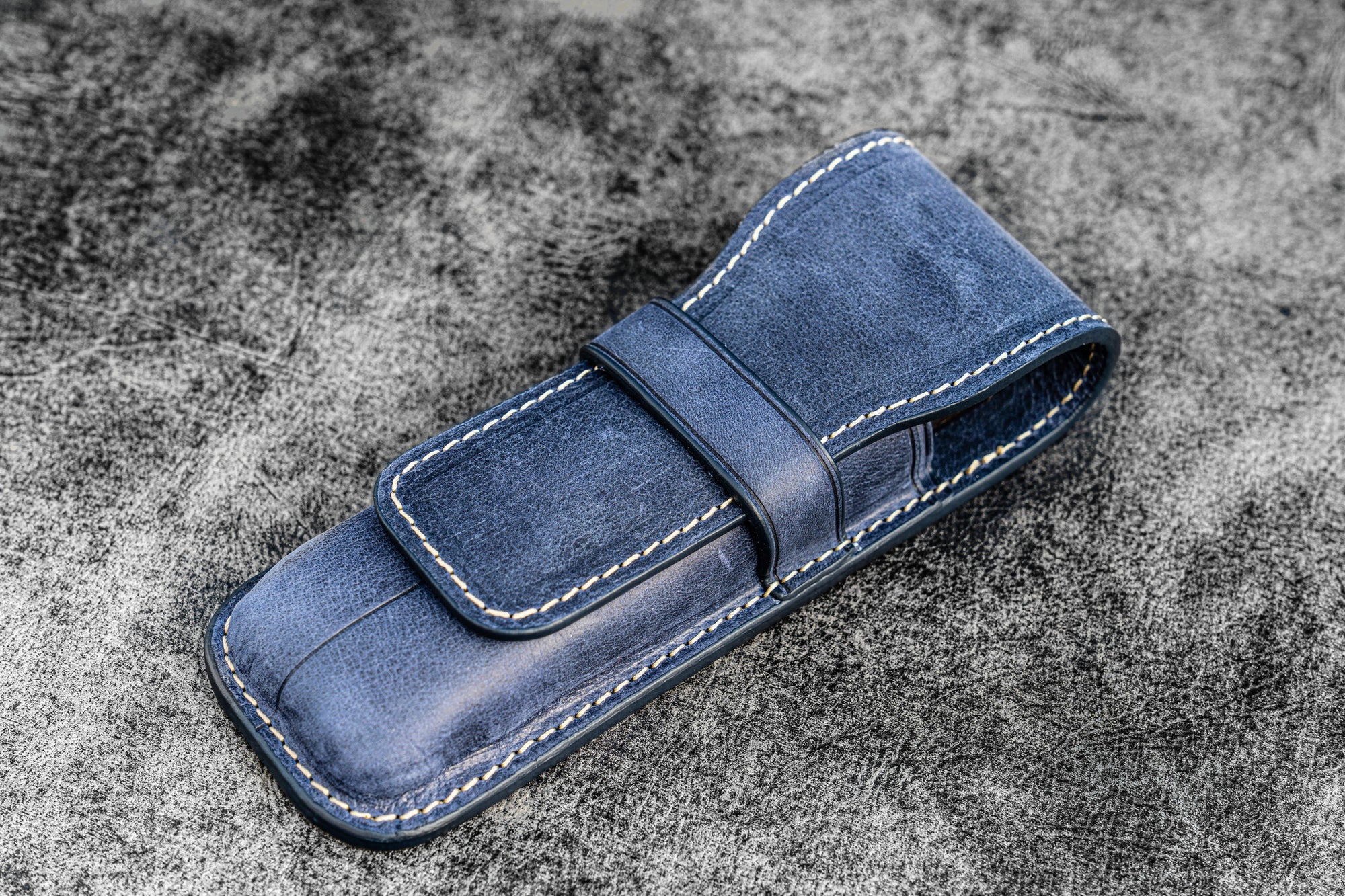 2&#39;li Kapaklı Deri Kalemlik - Crazy Horse Koyu Mavi