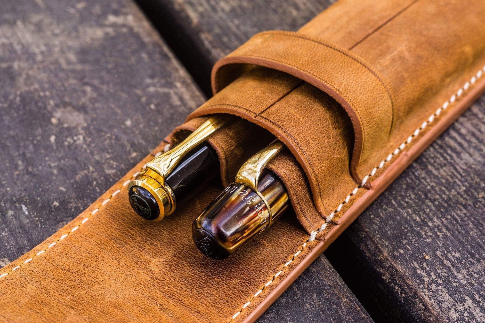 2&#39;li Kapaklı Deri Kalemlik - Crazy Horse Taba / Kahverengi