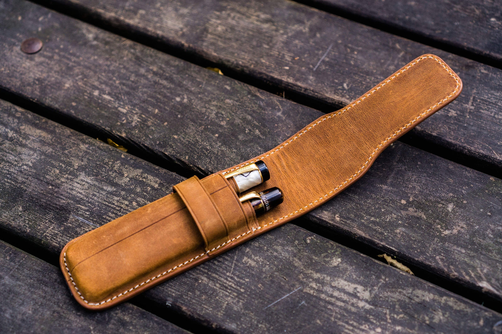 2'li Kapaklı Deri Kalemlik - Crazy Horse Taba / Kahverengi