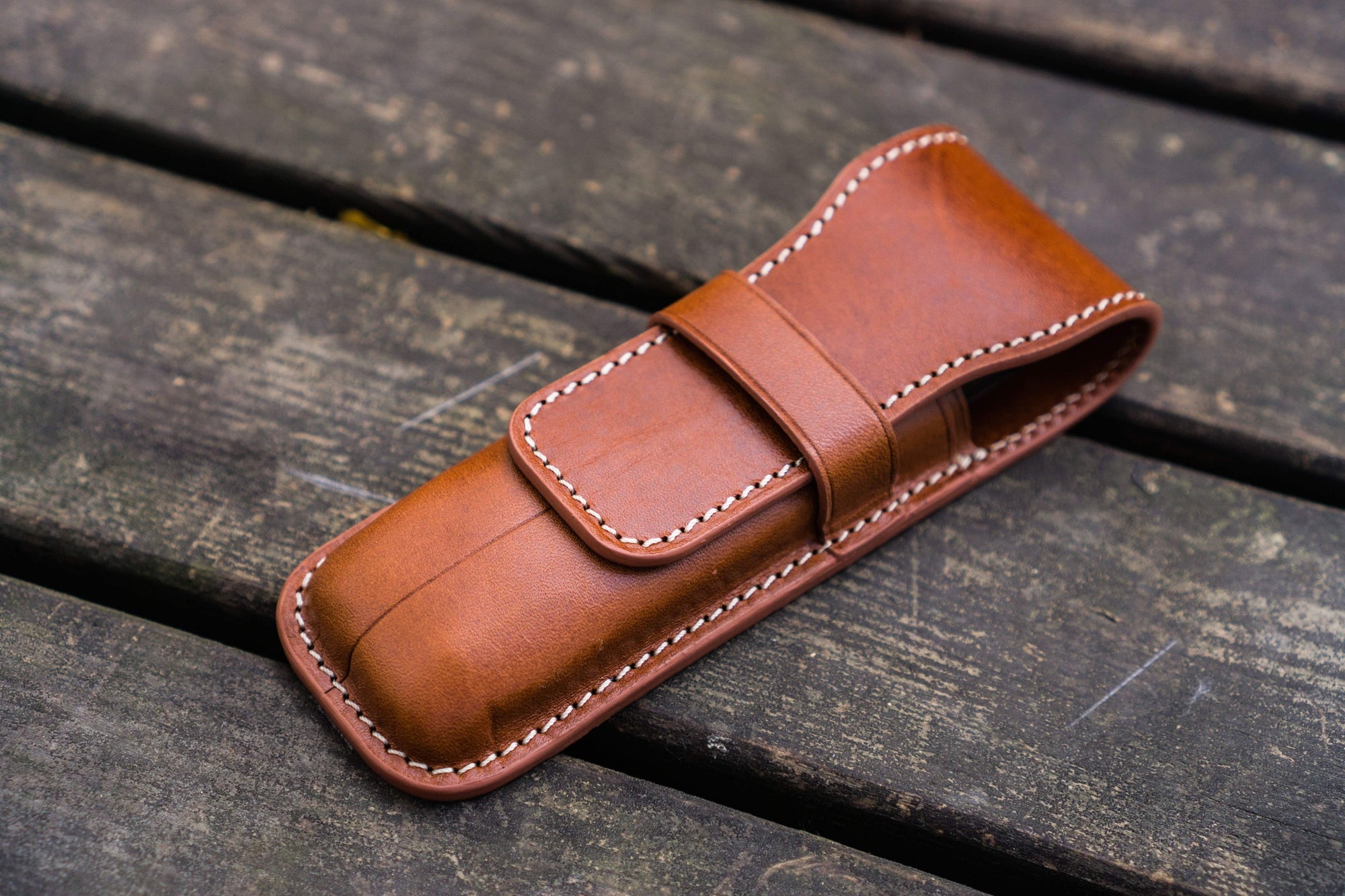 2&#39;li Kapaklı Deri Kalemlik - Kahverengi