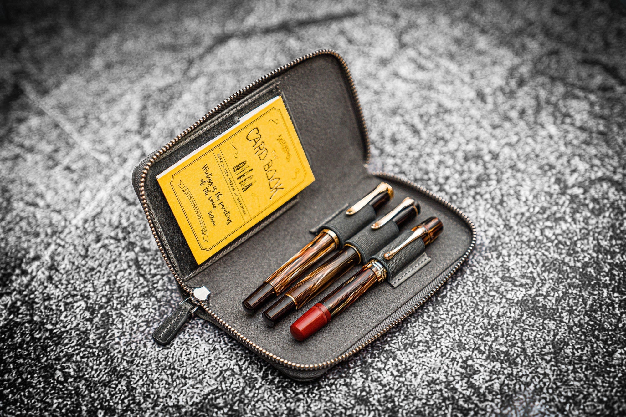 3'lü Fermuarlı Deri Kalemlik - Crazy Horse Füme