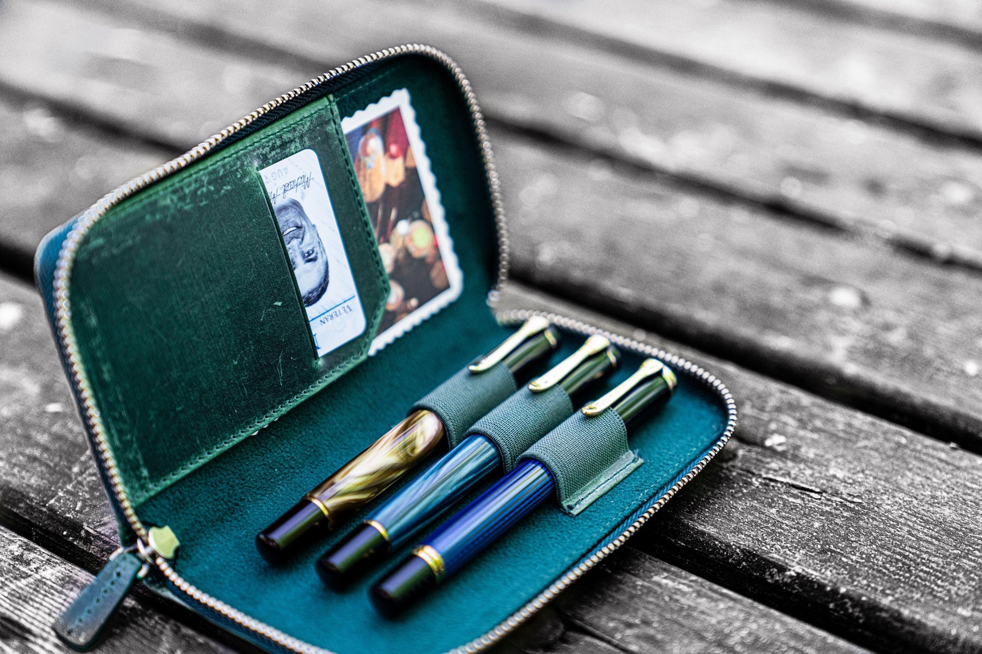 3&#39;lü Fermuarlı Deri Kalemlik - Crazy Horse Orman Yeşili