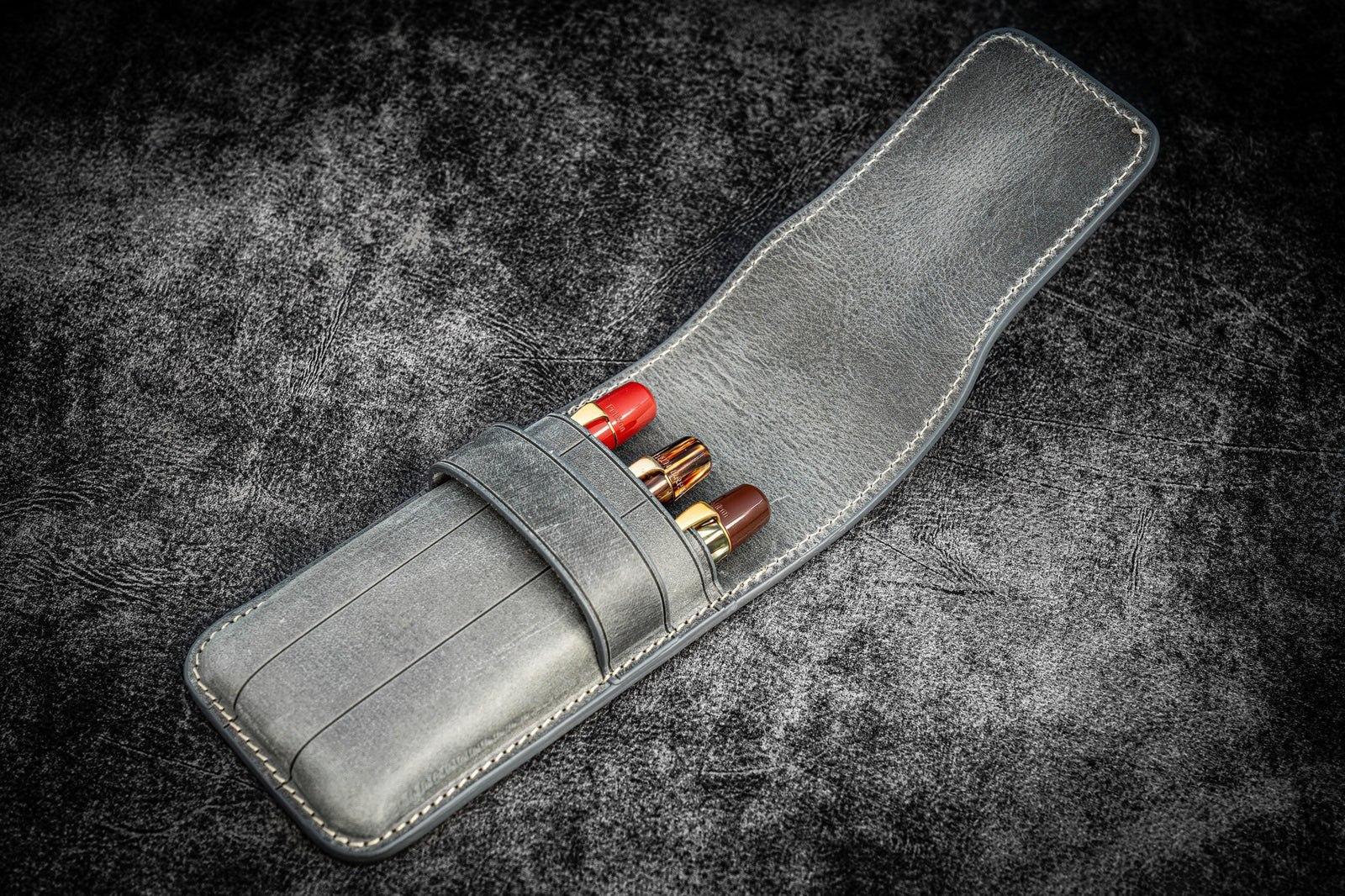 3'lü Kapaklı Deri Kalemlik - Crazy Horse Füme