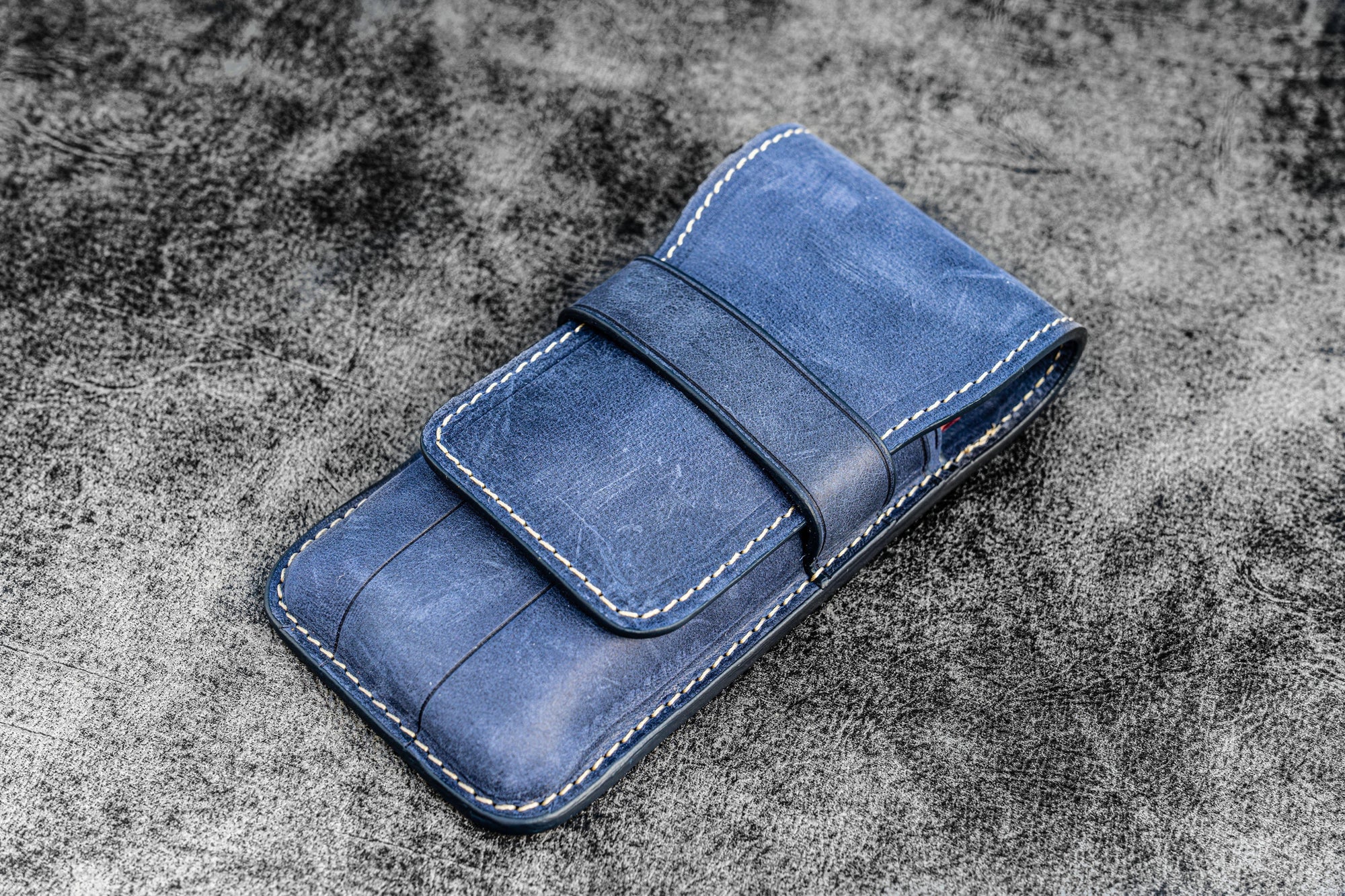 3&#39;lü Kapaklı Deri Kalemlik - Crazy Horse Koyu Mavi