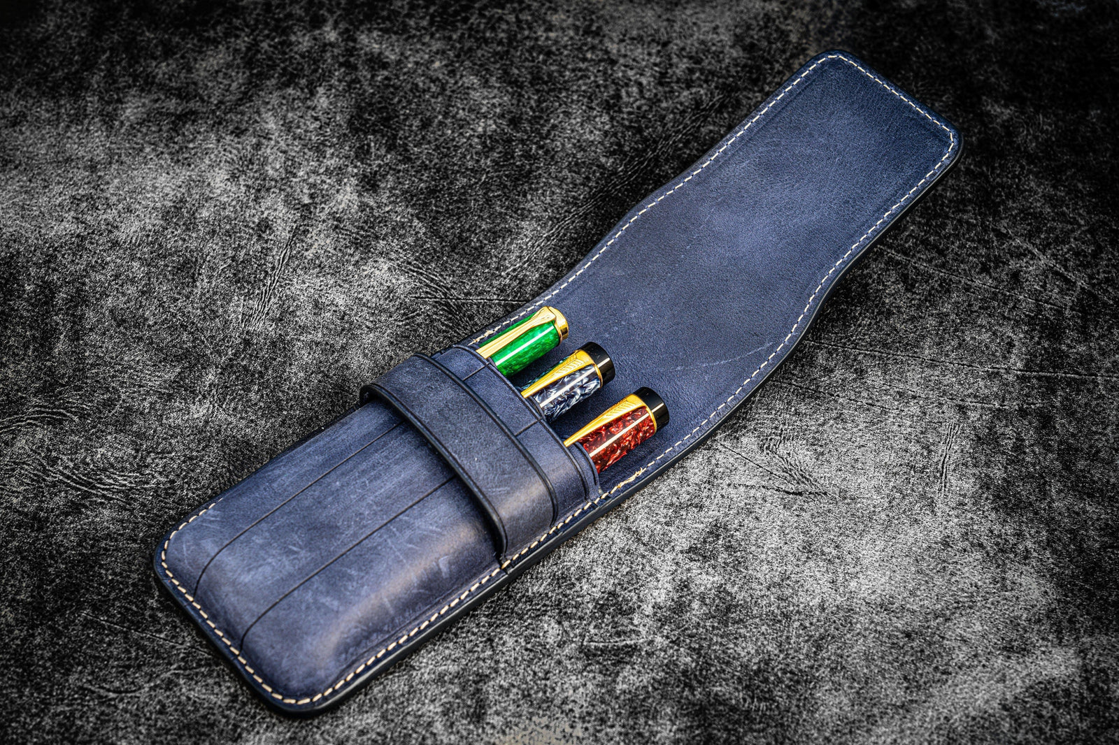 3'lü Kapaklı Deri Kalemlik - Crazy Horse Koyu Mavi