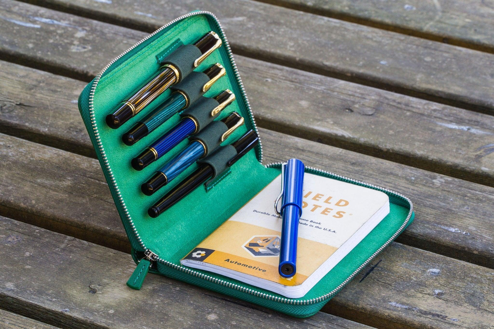 5'li Fermuarlı Deri Kalemlik - Yeşil