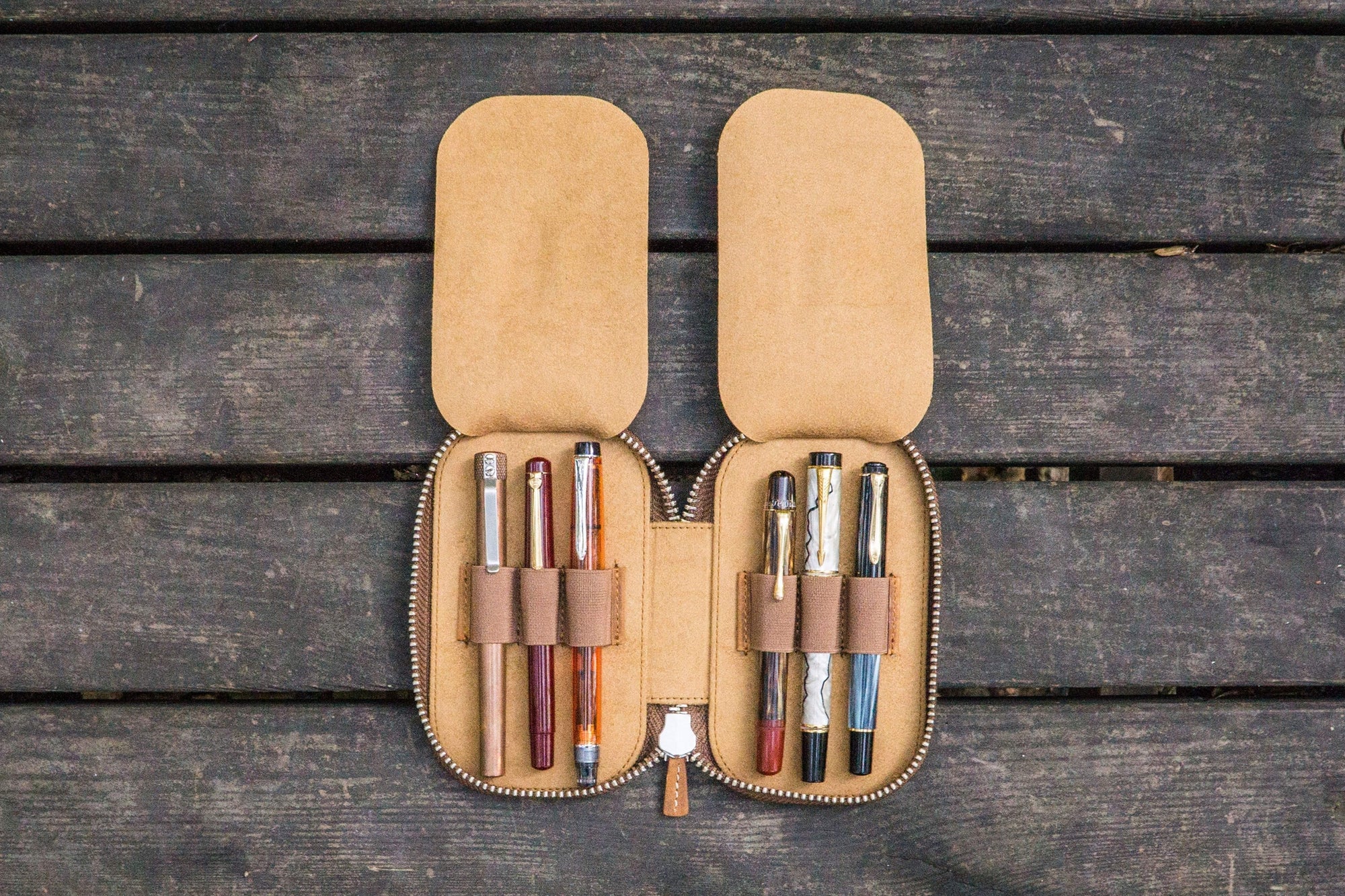 6&#39;lı Fermuarlı Deri Kalemlik - Crazy Horse Taba / Kahverengi