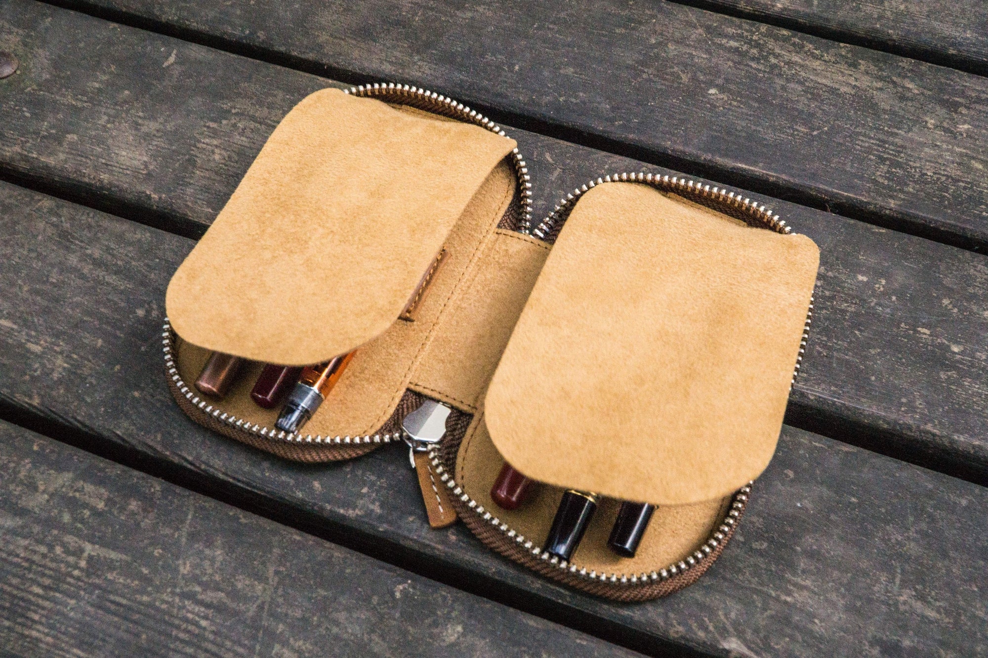 6&#39;lı Fermuarlı Deri Kalemlik - Crazy Horse Taba / Kahverengi