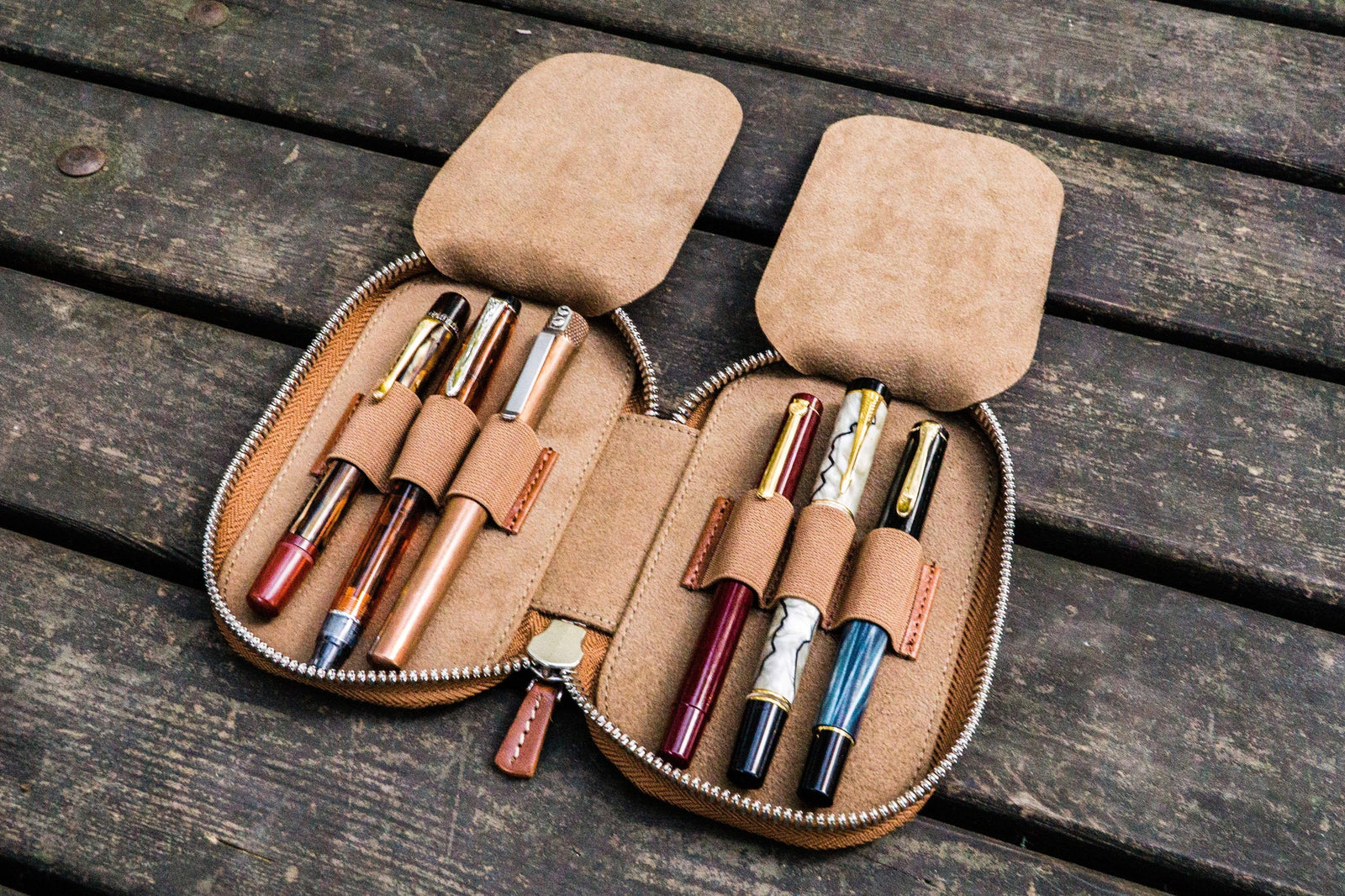 6'lı Fermuarlı Deri Kalemlik - Kahverengi