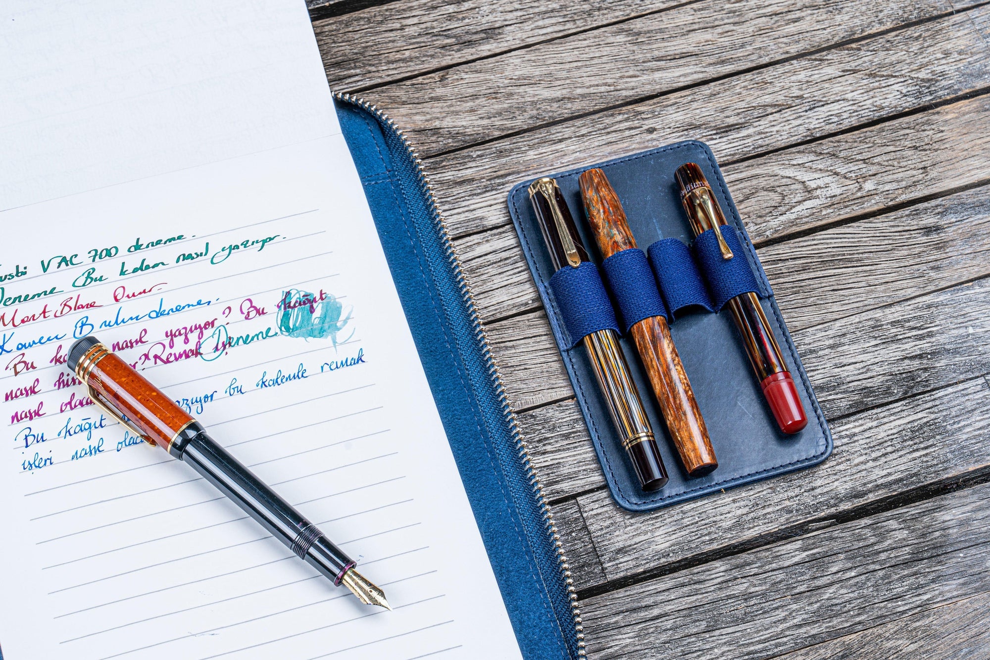 B5 Deri Organizer ve Kalemlik - Crazy Horse Navy Blue