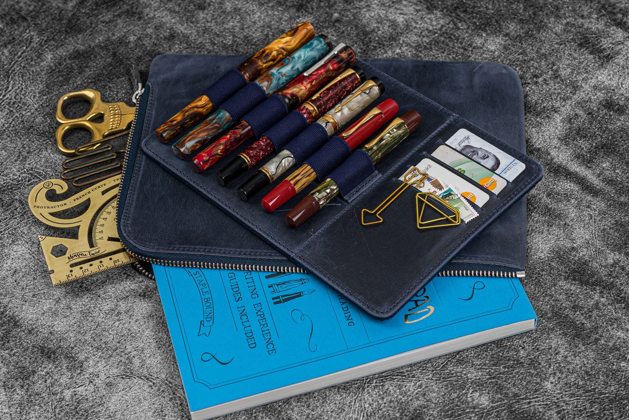 Bank Bag - Deri Fermuarlı Yazar Potföyü - Kalemlik - - Crazy Horse Lacivert