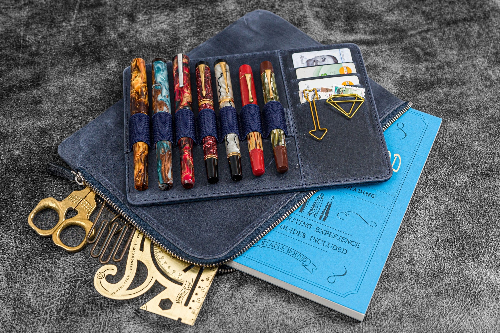 Bank Bag - Deri Fermuarlı Yazar Potföyü - Kalemlik - - Crazy Horse Lacivert