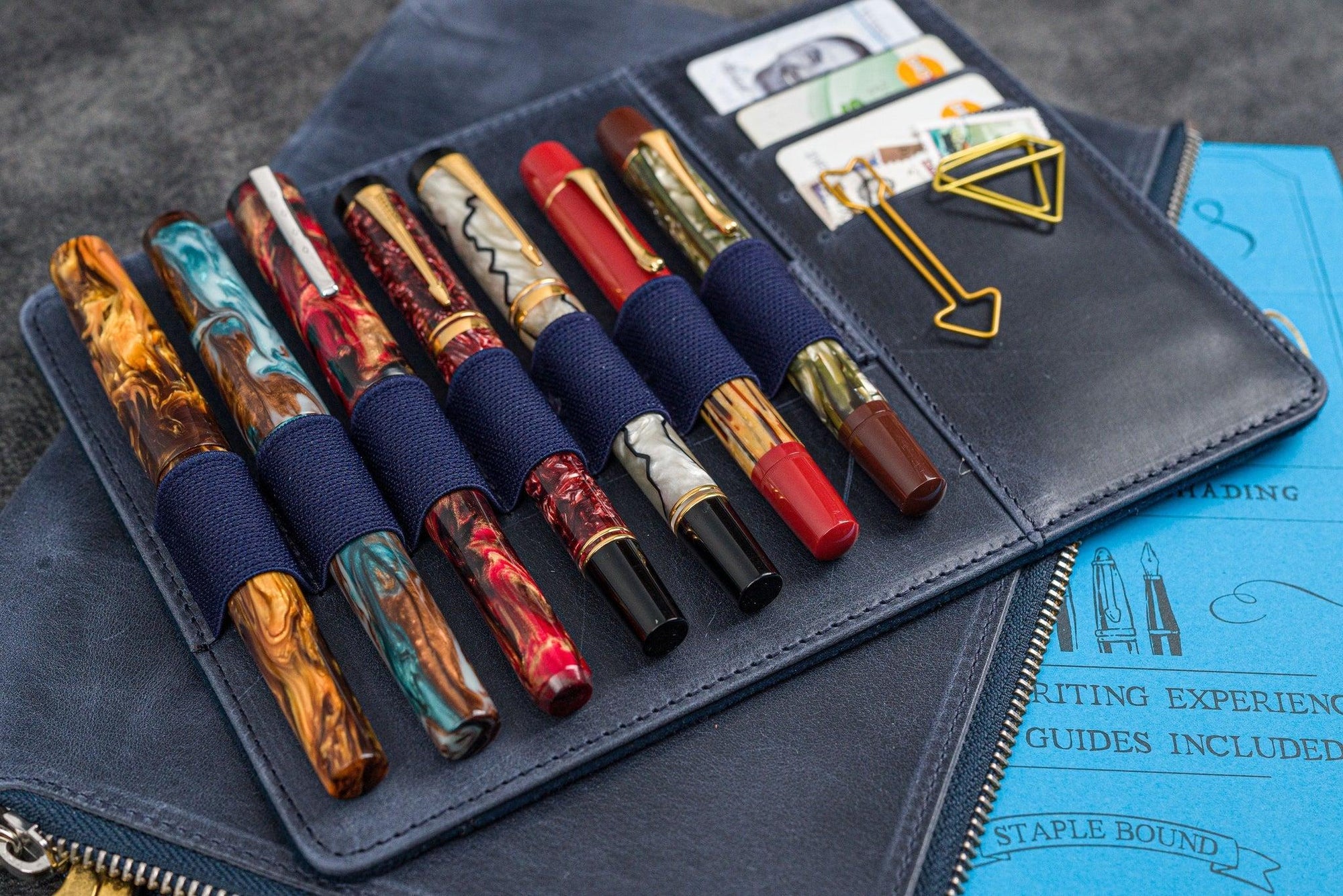 Bank Bag - Deri Fermuarlı Yazar Potföyü - Kalemlik - - Crazy Horse Lacivert