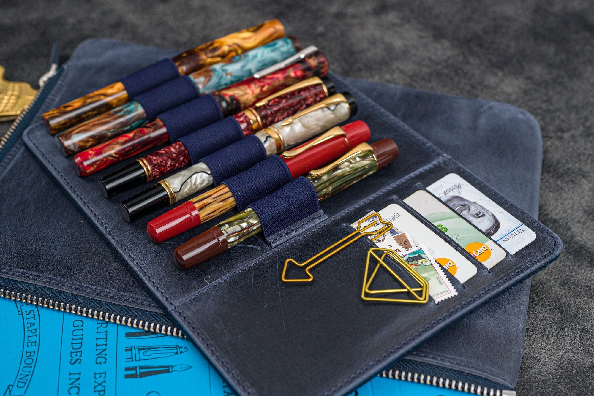 Bank Bag - Deri Fermuarlı Yazar Potföyü - Kalemlik - - Crazy Horse Lacivert