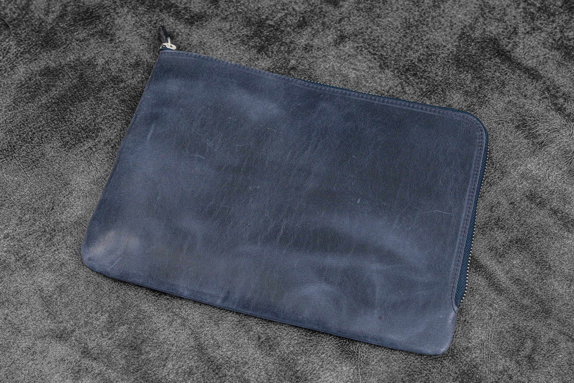 Bank Bag - Deri Fermuarlı Yazar Potföyü - Kalemlik - - Crazy Horse Lacivert