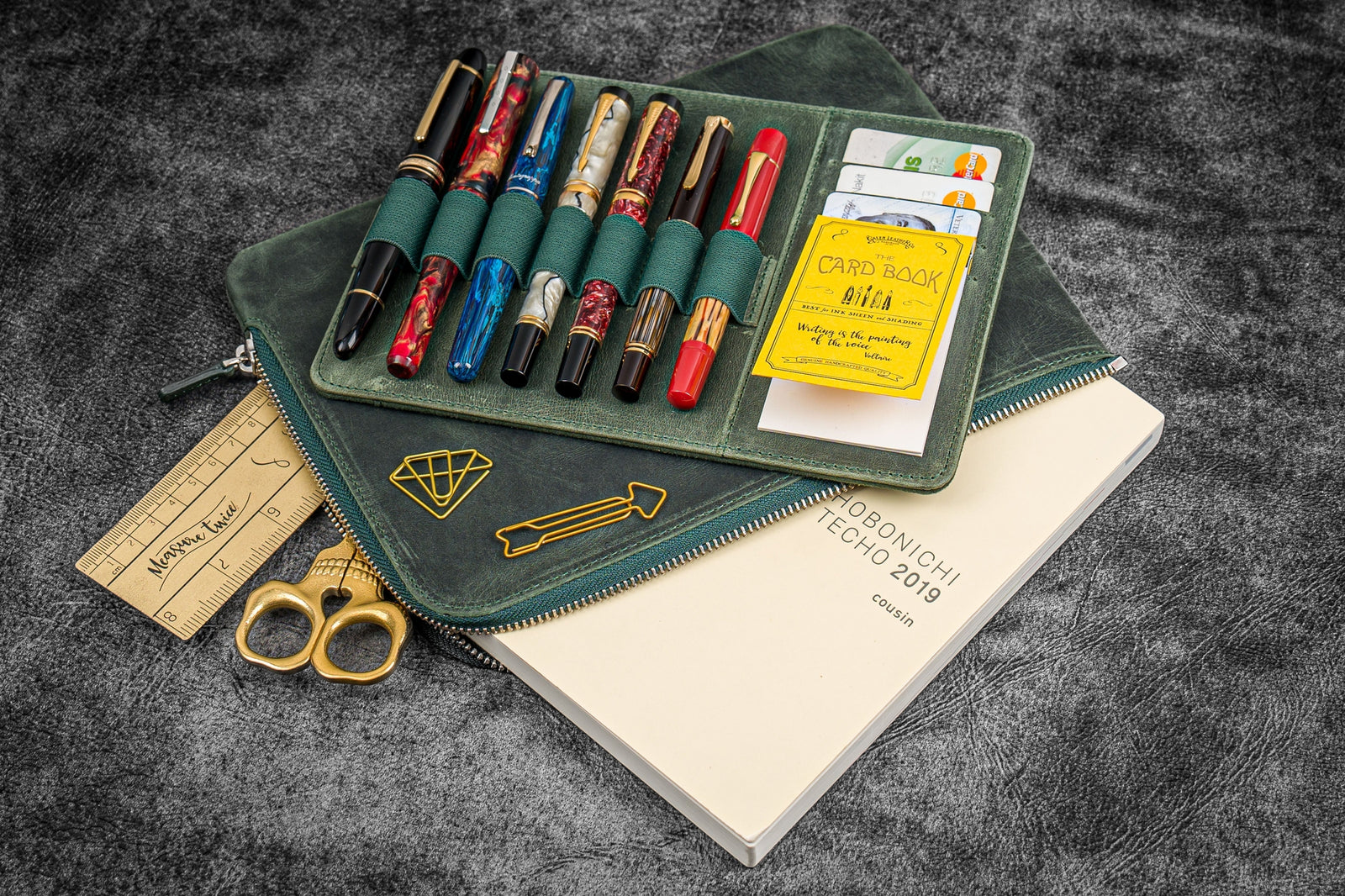 Bank Bag - Deri Fermuarlı Yazar Potföyü - Kalemlik - Crazy Horse Orman Yeşili