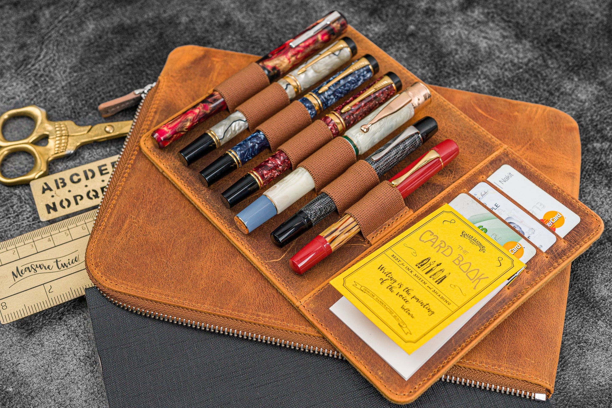 Bank Bag - Deri Fermuarlı Yazar Potföyü - Kalemlik - Crazy Horse Taba