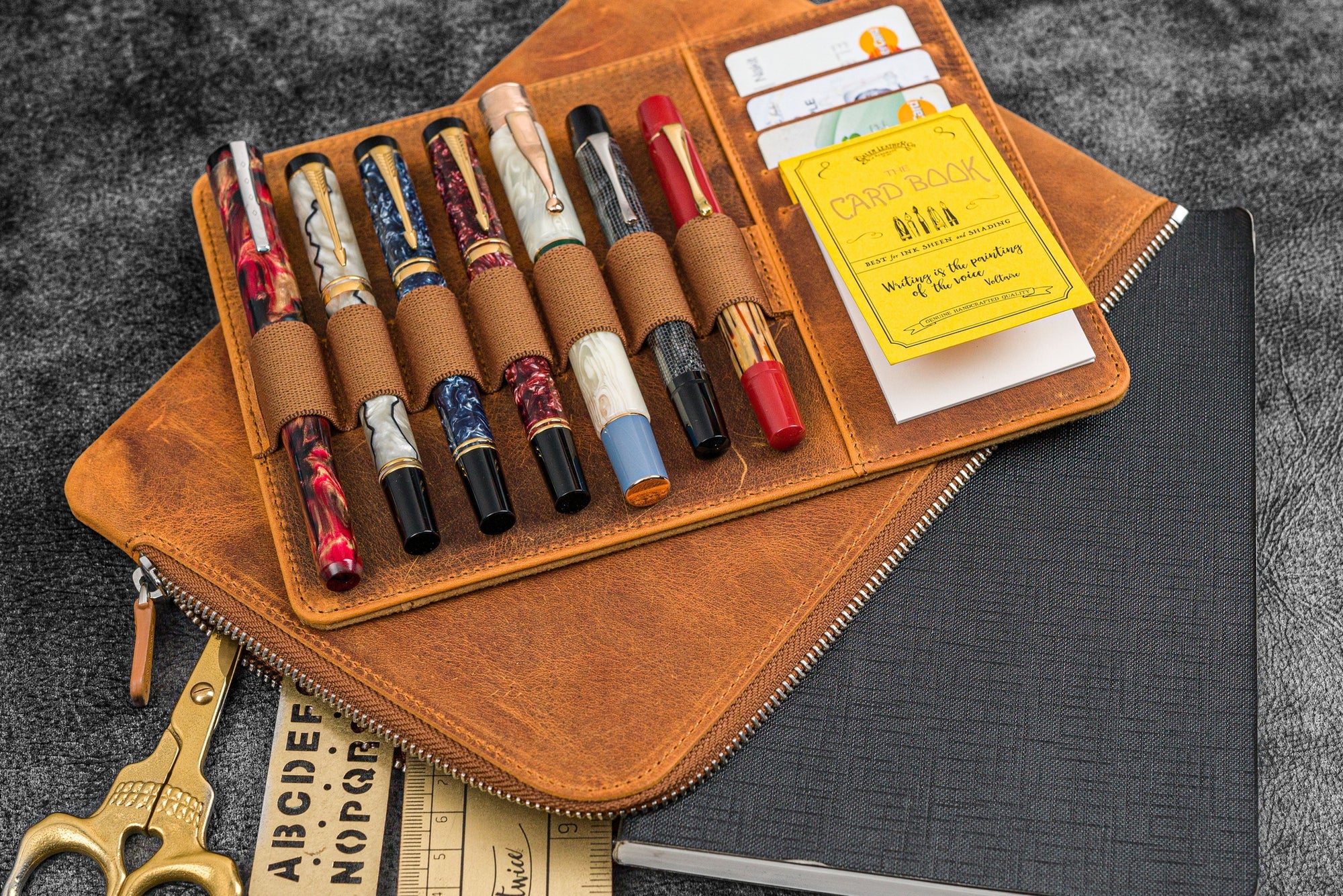 Bank Bag - Deri Fermuarlı Yazar Potföyü - Kalemlik - Crazy Horse Taba