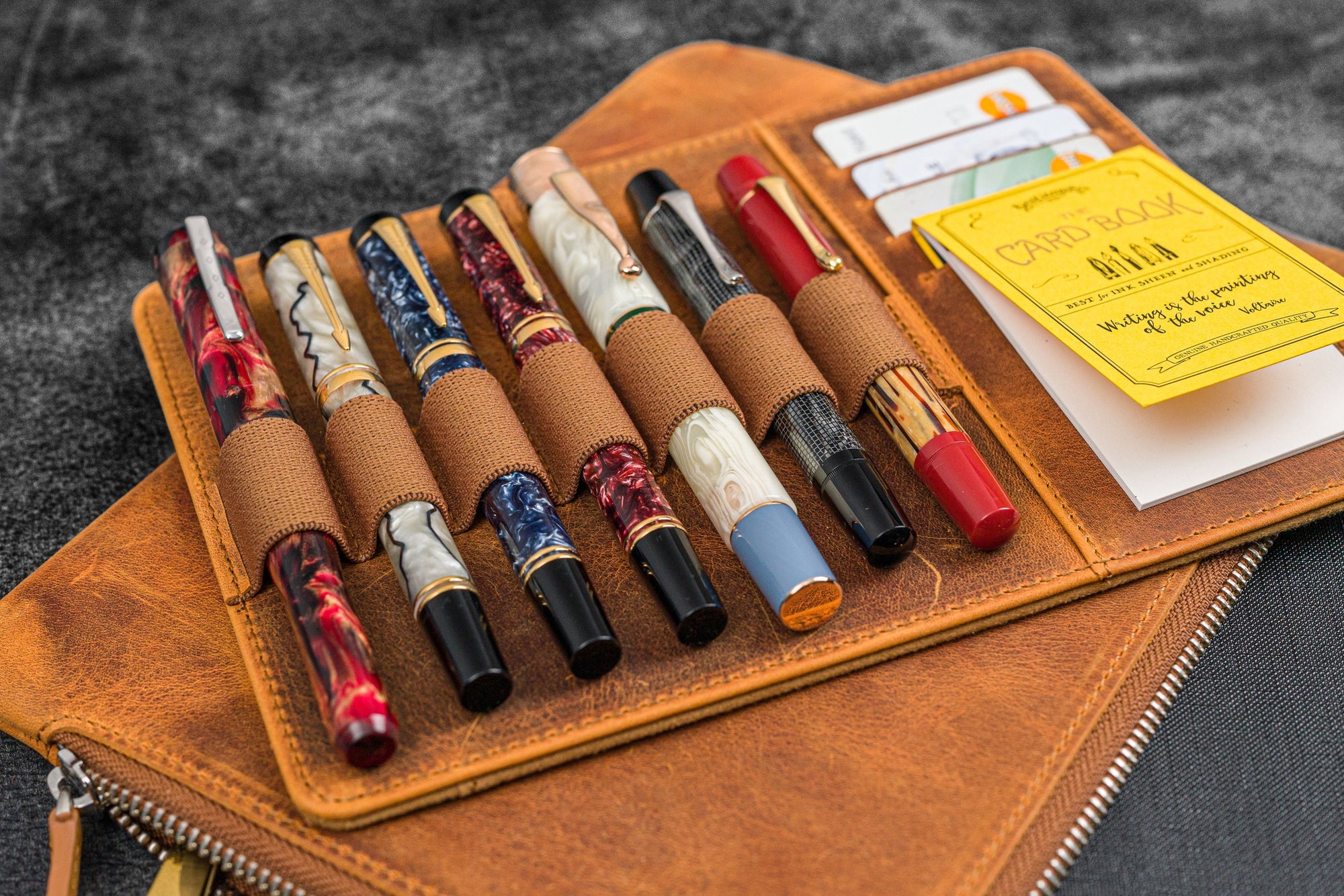 Bank Bag - Deri Fermuarlı Yazar Potföyü - Kalemlik - Crazy Horse Taba